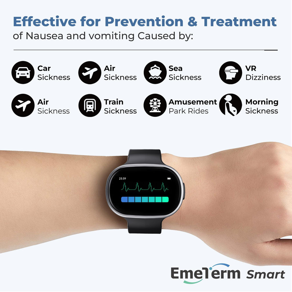 EmeTerm Smart FDA-Cleared Anti-Nausea Wristwatch Touchscreen IP67 Waterproof Morning Motion Sickness Relief Rechargeable Fast Ac