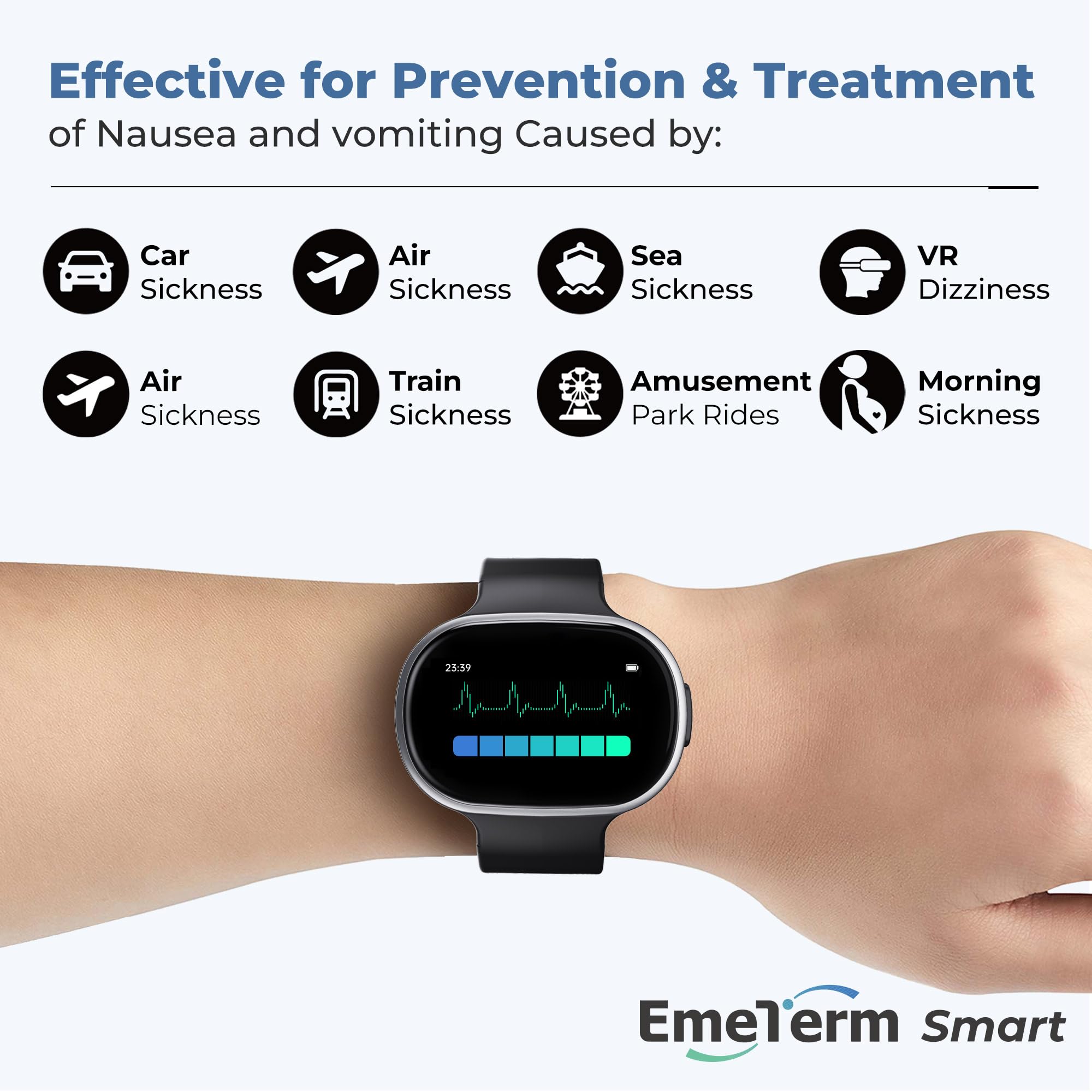 EmeTerm Smart FDA-Cleared Anti-Nausea Wristwatch Touchscreen IP67 Waterproof Morning Motion Sickness Relief Rechargeable Fast Ac