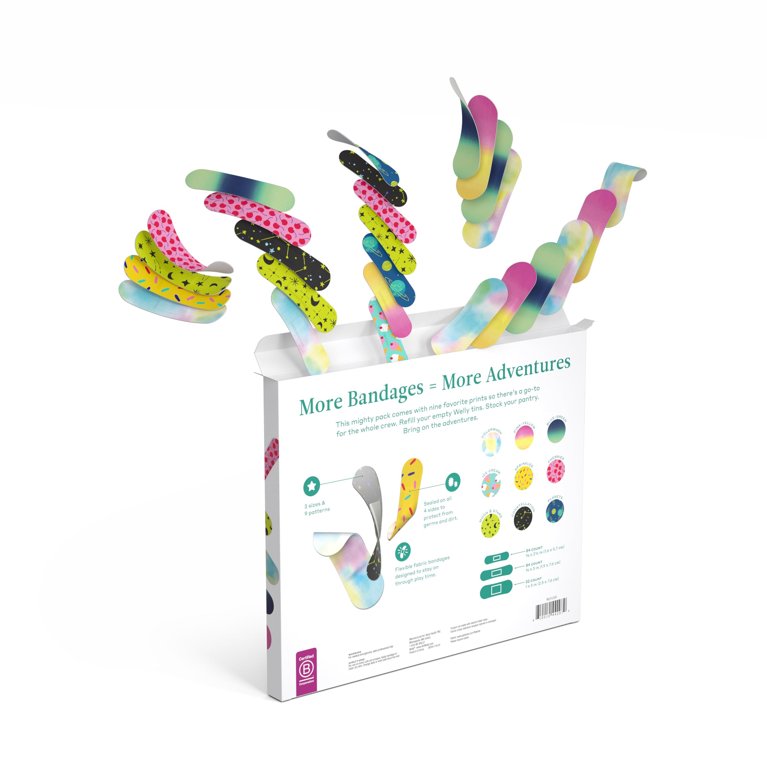 Welly Bandage Refill Ready Pack | Adhesive Flexible Fabric Bandages | Bulk Assorted Shapes and Patterns for Minor Cuts, Scrapes,