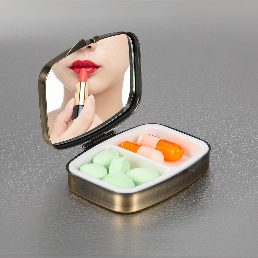 Dynippy Pill Case Pill Box with Mirror Retro Pocket 2 Compartment Medicine Case Vitamin Pill Organizer for Pocket Purse and Trav