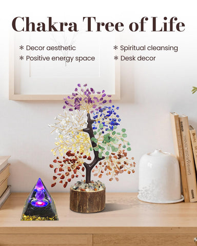 7 Chakra Crystal Tree of Life with Orgonite Pyramid (Set 2) - Unique Birthday Gifts for Women, Christmas Gifts, Chakra Healing T