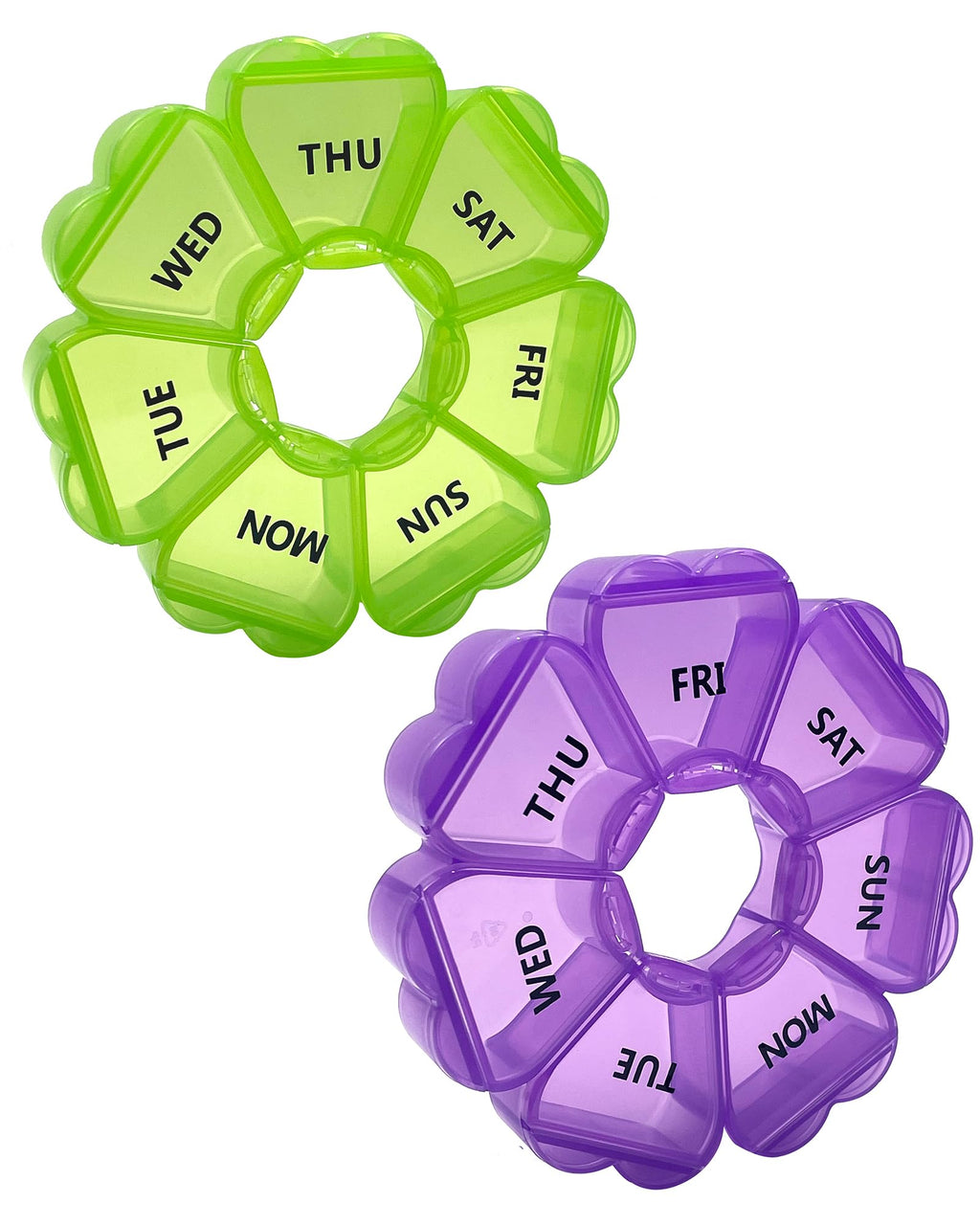 Large Weekly Pill Organizer,7 Day Cute Heart Pill Organizer,Weekly Container for Fish Oil/Medicine/Supplements (Green1+Purple1)
