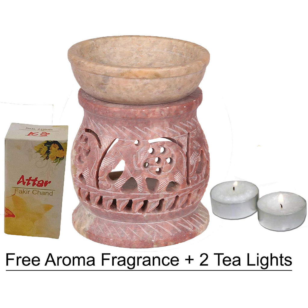 KC Kullicraft Handcrafted Soapstone Aroma Oil Diffuser Burner Stands with 2 Tea Light Candle and 2.5 ml Mogra Oil (Beige)