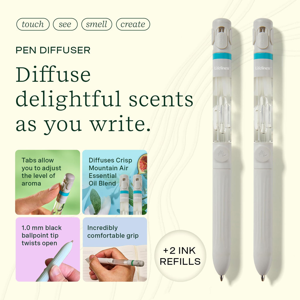 Lifelines Pen Diffuser Set, 2-Pack (Crisp Mountain Air) - 1mm Black Ballpoint Pens with Scented Essential Oil Blends - Aromather