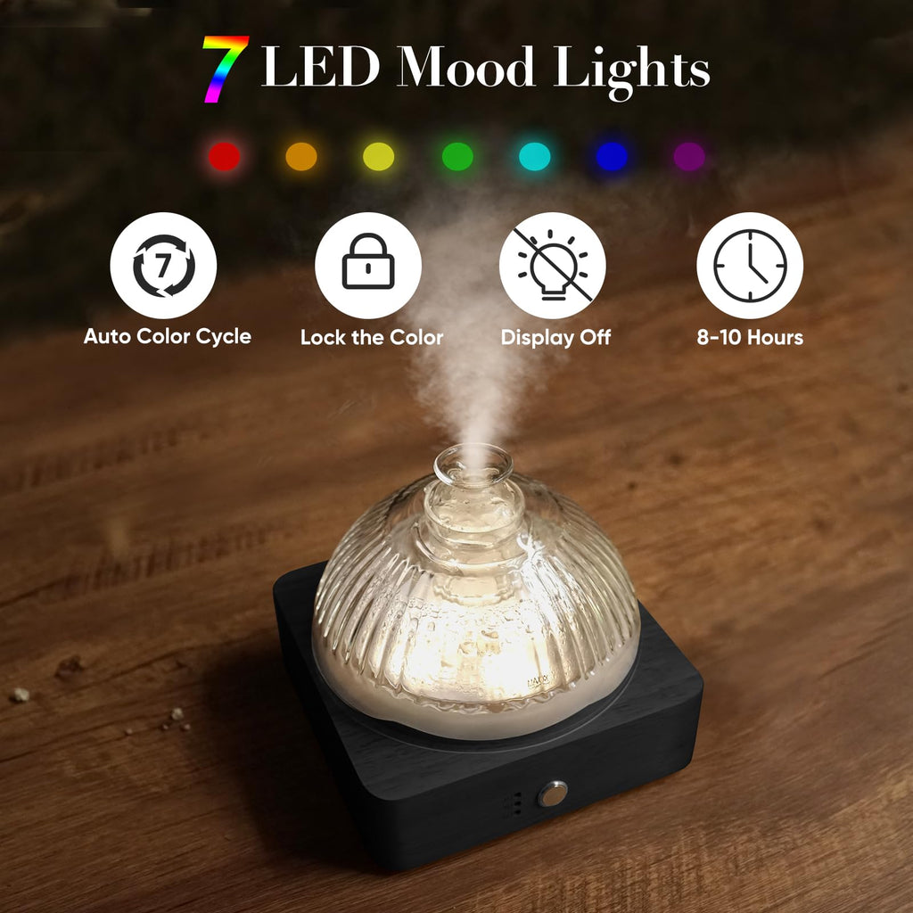 Glass Dome Essential Oil Diffuser with Glass Reservoir & Wood Base-Plastic Free, 200ml Ultrasonic Glass Diffuser for Aromatherap