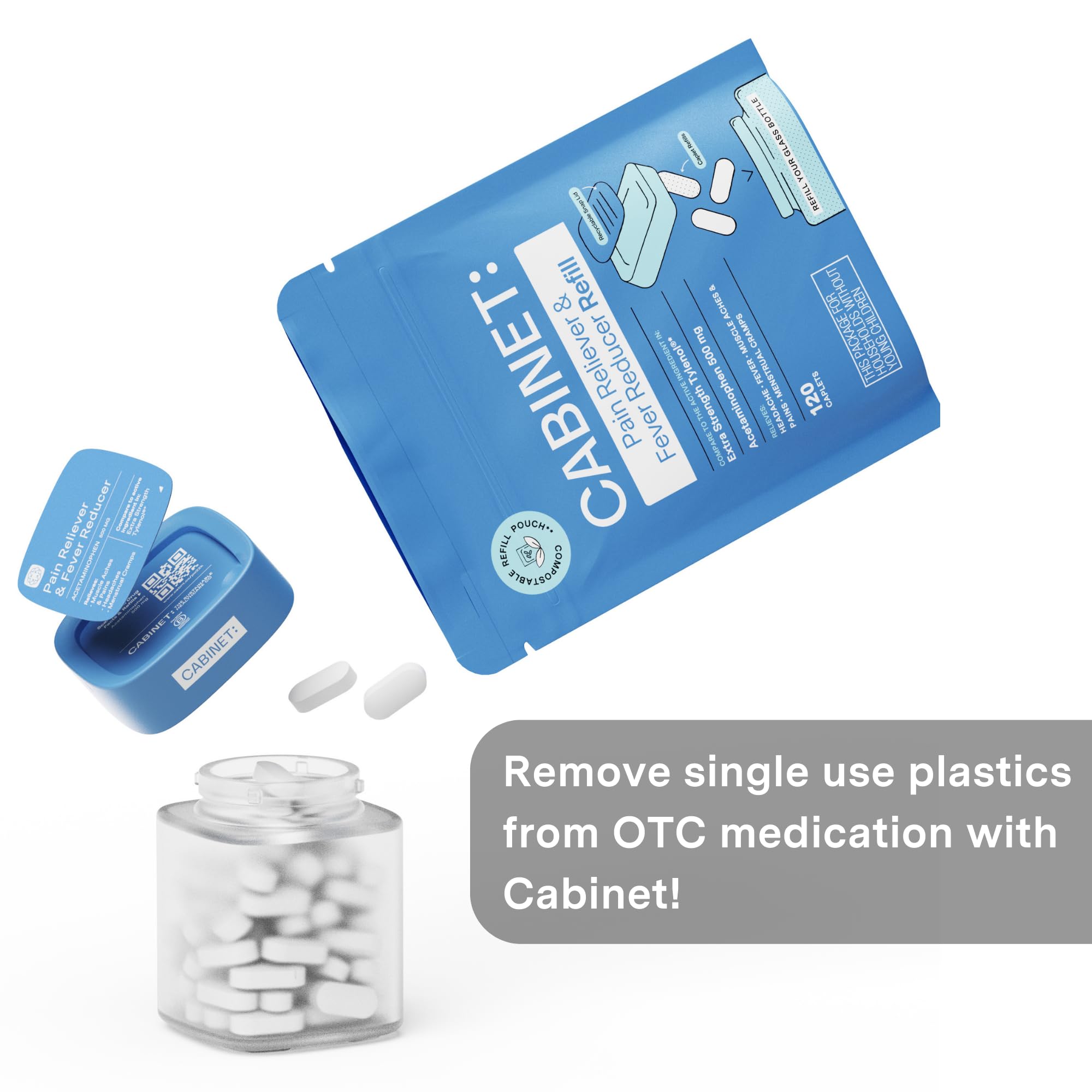 Cabinet: 500mg Acetaminophen for Headache Relief, Toothaches, Sore Throat, and Fever Reducer, Includes 1 Refillable Medicine Jar