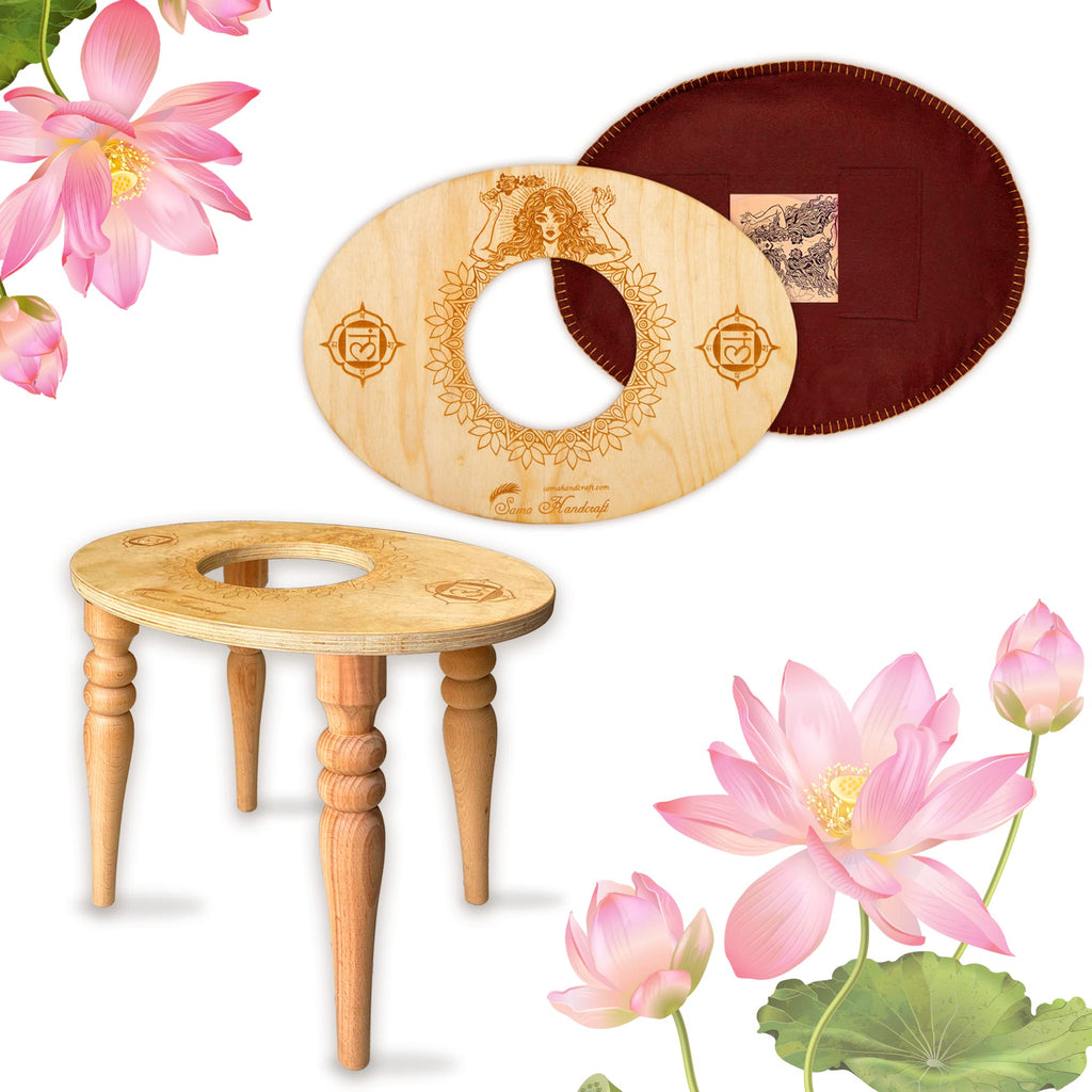 Sama Handcraft Seat for Yoni in a Luxury Package-Devi Steaming Wooden SEAT with Engraved Pictures of Goddess Yoga and Muladhara 