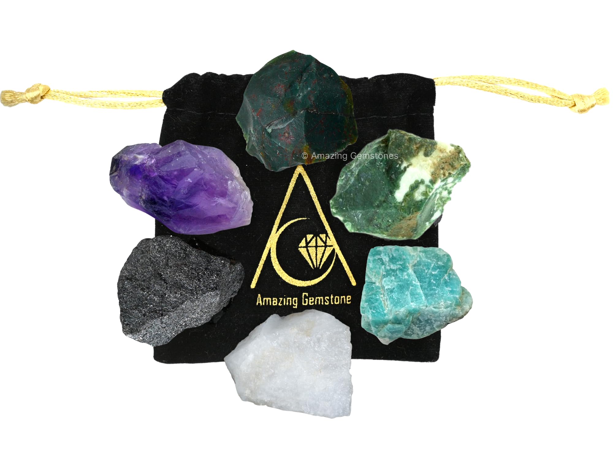 Crystals for Blood Pressure Control, Set of 6 Blood Stone, Hematite, Moss Agate, Amazonite, Snow Quartz and Amethyst Healing Cry