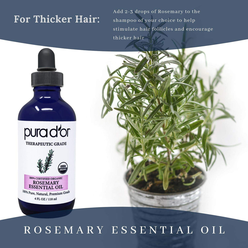 PURA DOR Organic Rosemary Essential Oil, 4oz, Therapeutic Grade, for Hair, Body, Skin, Aromatherapy, Relaxation, Massage, Mood,