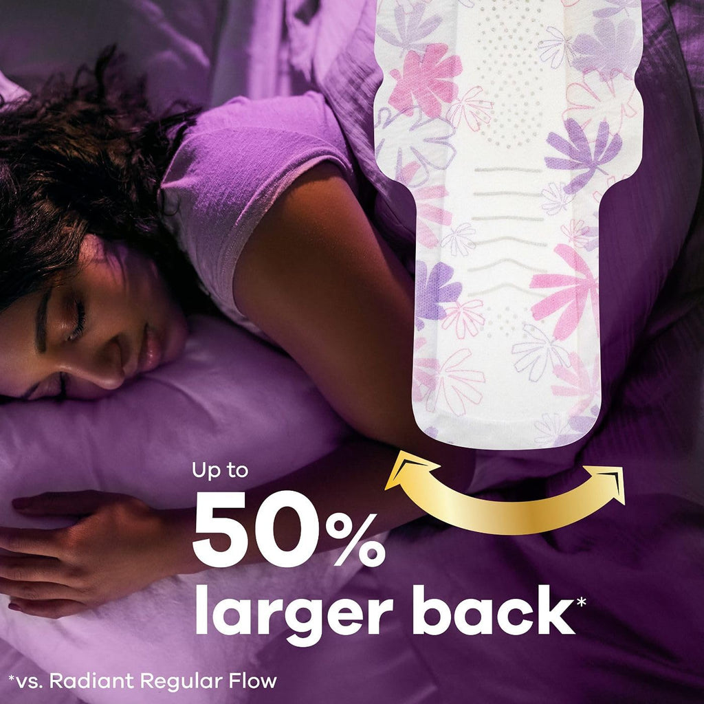 Always Radiant Overnight Feminine Pads for Women, Size 4 for Nighttime, with Wings, Scented, 60 CT