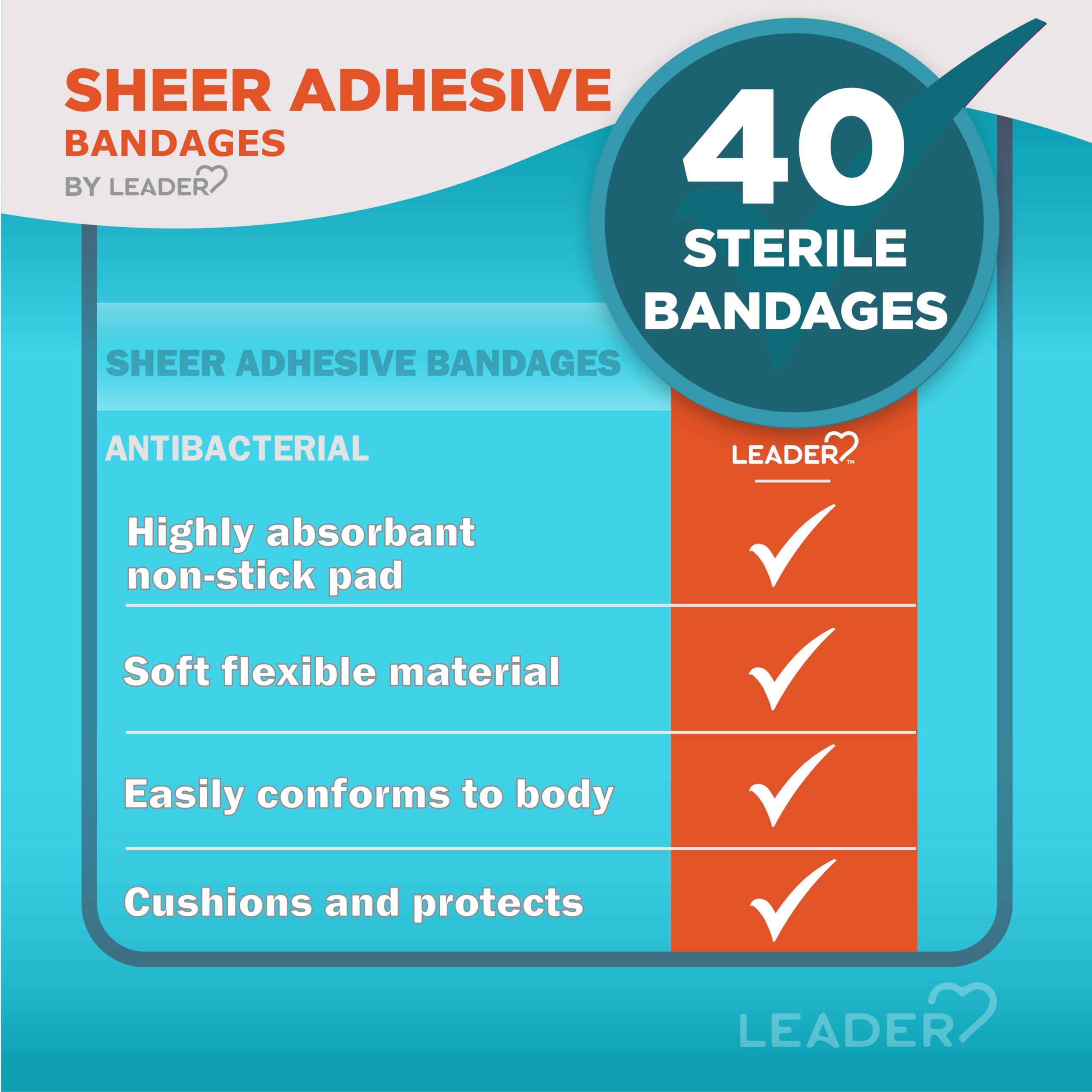 LEADER Sterile Sheer Adhesive Bandages, Latex Free, Blends with Skin, Helps Prevent Infection, Comfortable Protection for First