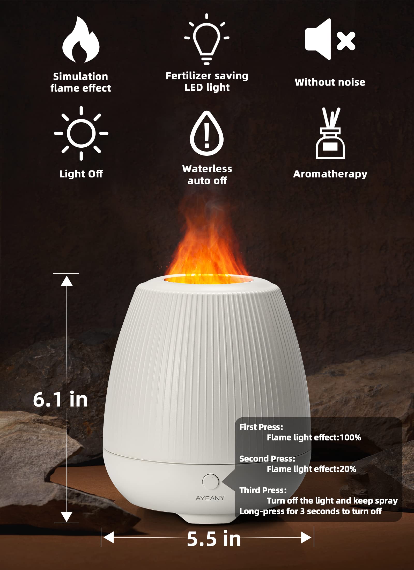 AYEANY Flame Diffuser,200ML Essential Oil Diffusers with Cool Mist,2 Brightness Night Light & Auto-Off,Super Quiet Oil Diffuser