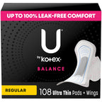 U by Kotex Balance Ultra Thin Overnight Pads with Wings, Extra Heavy Absorbency, 108 Count (6 packs of 18) (Packaging May Vary)