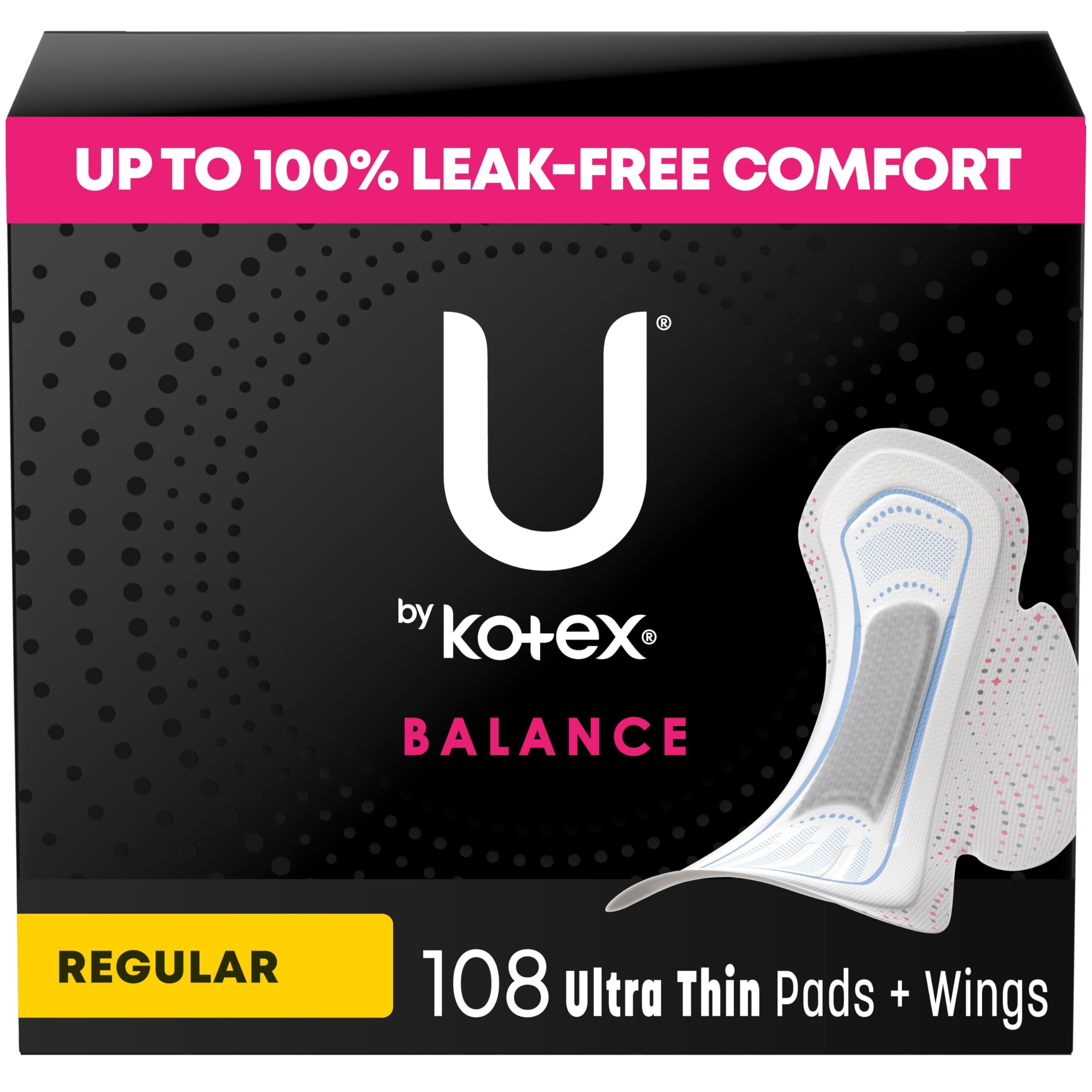 U by Kotex Balance Ultra Thin Overnight Pads with Wings, Extra Heavy Absorbency, 108 Count (6 packs of 18) (Packaging May Vary)