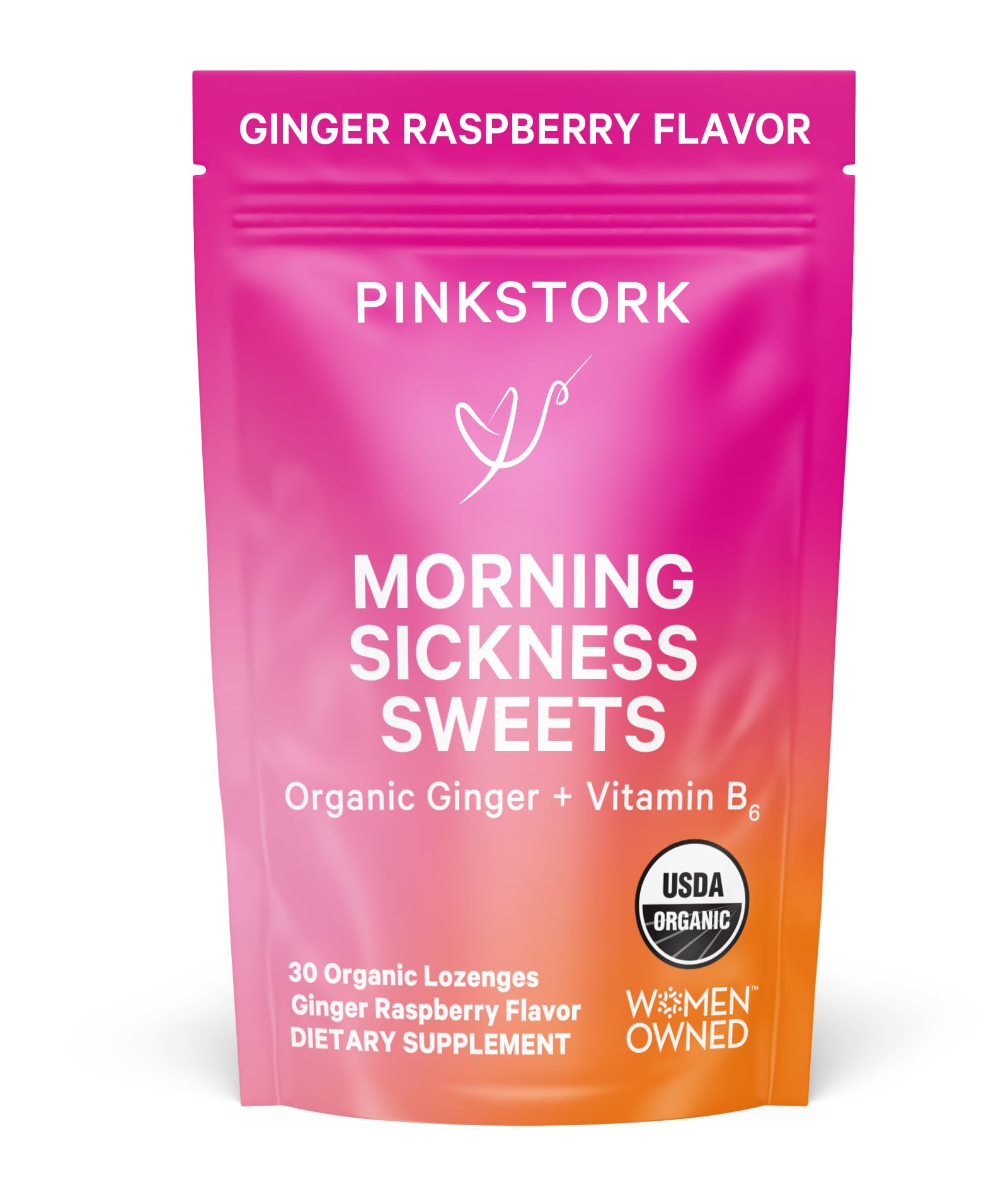 Pink Stork Morning Sickness Sweets, Organic Raspberry Ginger Candy with Vitamin B6 for Morning Sickness, Motion Sickness, Prenat