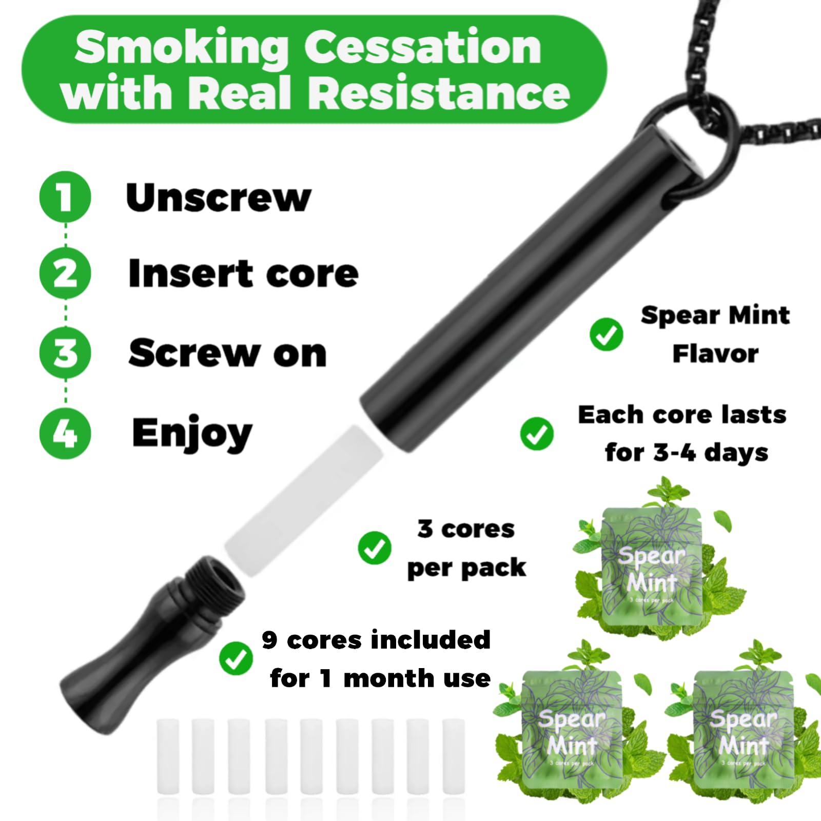 LAMKHOO Breathing Necklace to Quit Smoking and Vaping with Refillable Mint Pods Stop Smoking Aids Fidget Necklace for Anxiety Re