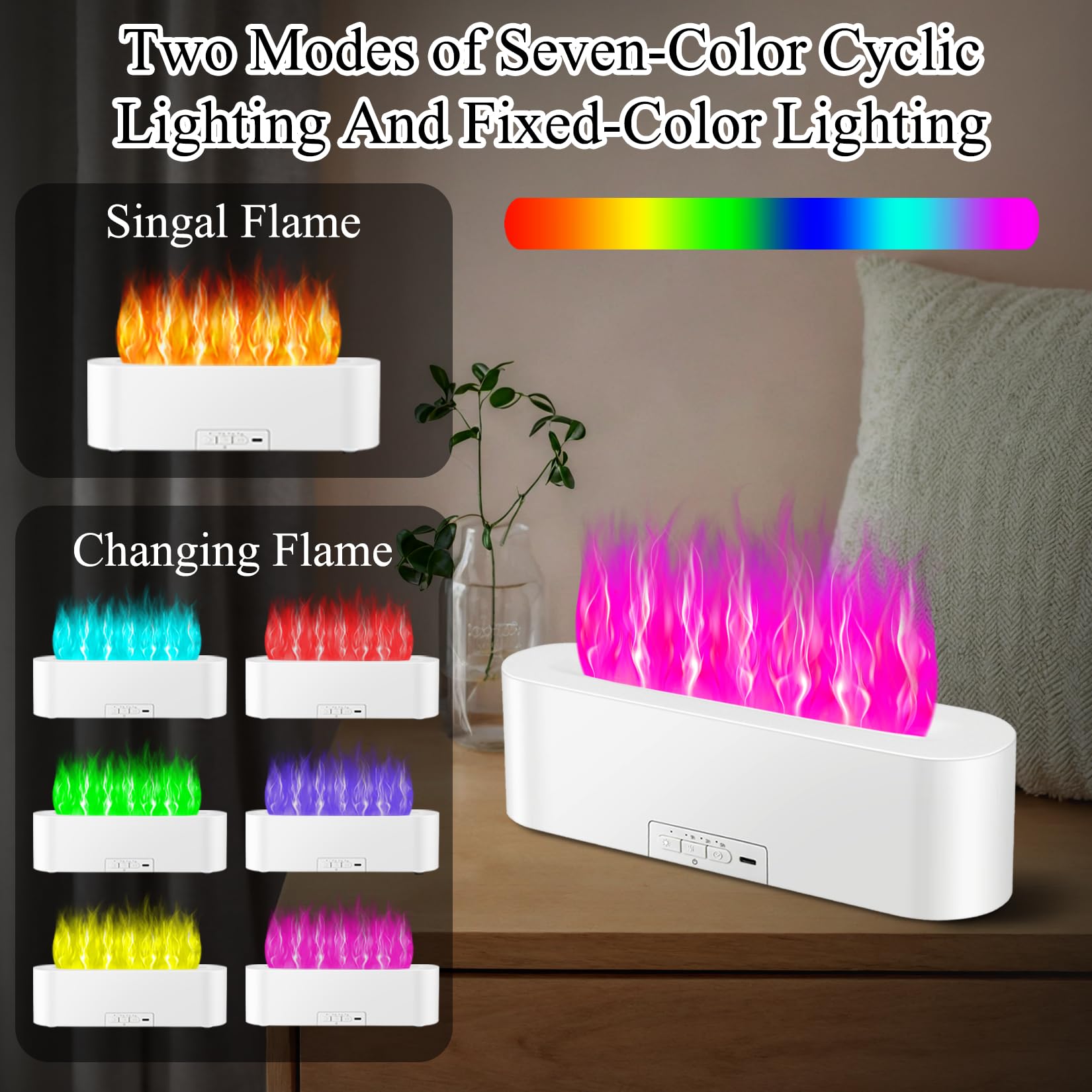 Timeable Flame Air Humidifier, Upgrade 7 Color Flame Fire Lights Essential Oil Diffuser Waterless Auto Off 150ml Aromatherapy Di