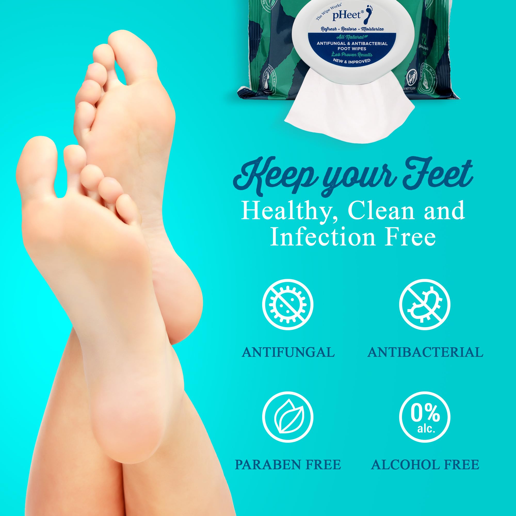 pHeet Foot Wipes All-Natural Antifungal & Antibacterial Formula, Cleanses, Moisturizes, Prevents & Kills Athletes Foot, Toenail