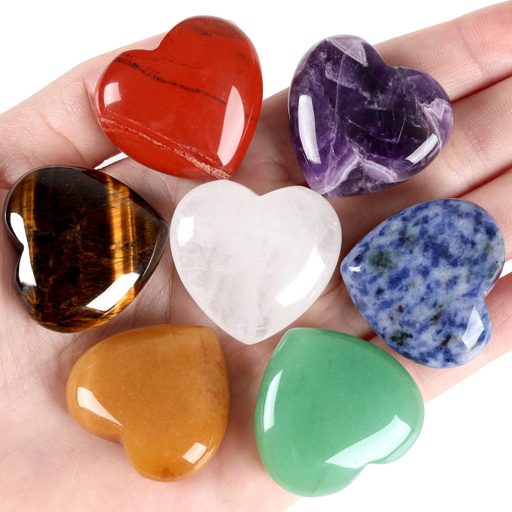 QINJIEJIE 7Pcs 7 Chakras 1.2'' Heart Crystal Large Stone Rose Quartz Healing Crystals Love Polished Thumb Natural Palm Assorted 