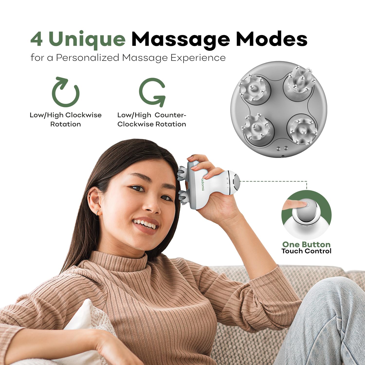 adomii Electric Scalp Massager for Headache & Stress Relief - Cordless, Handheld Head Massager for Scalp w/ 84 Kneading Nodes fo