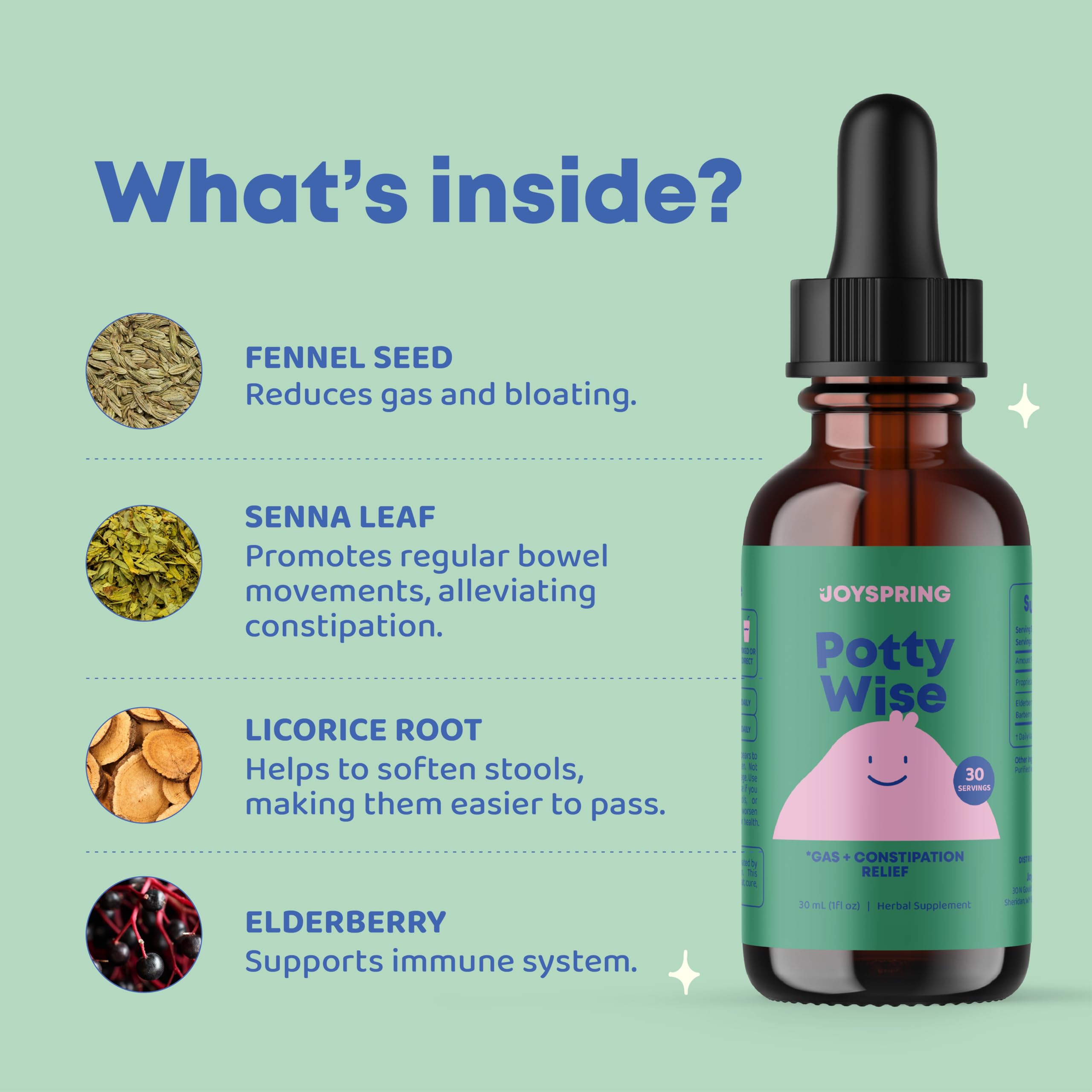 JoySpring Potty Wise - Gentle Digestive Support for Kids - Promotes Healthy Digestion with Senna & Elderberry - Vegan, Gluten-Fr