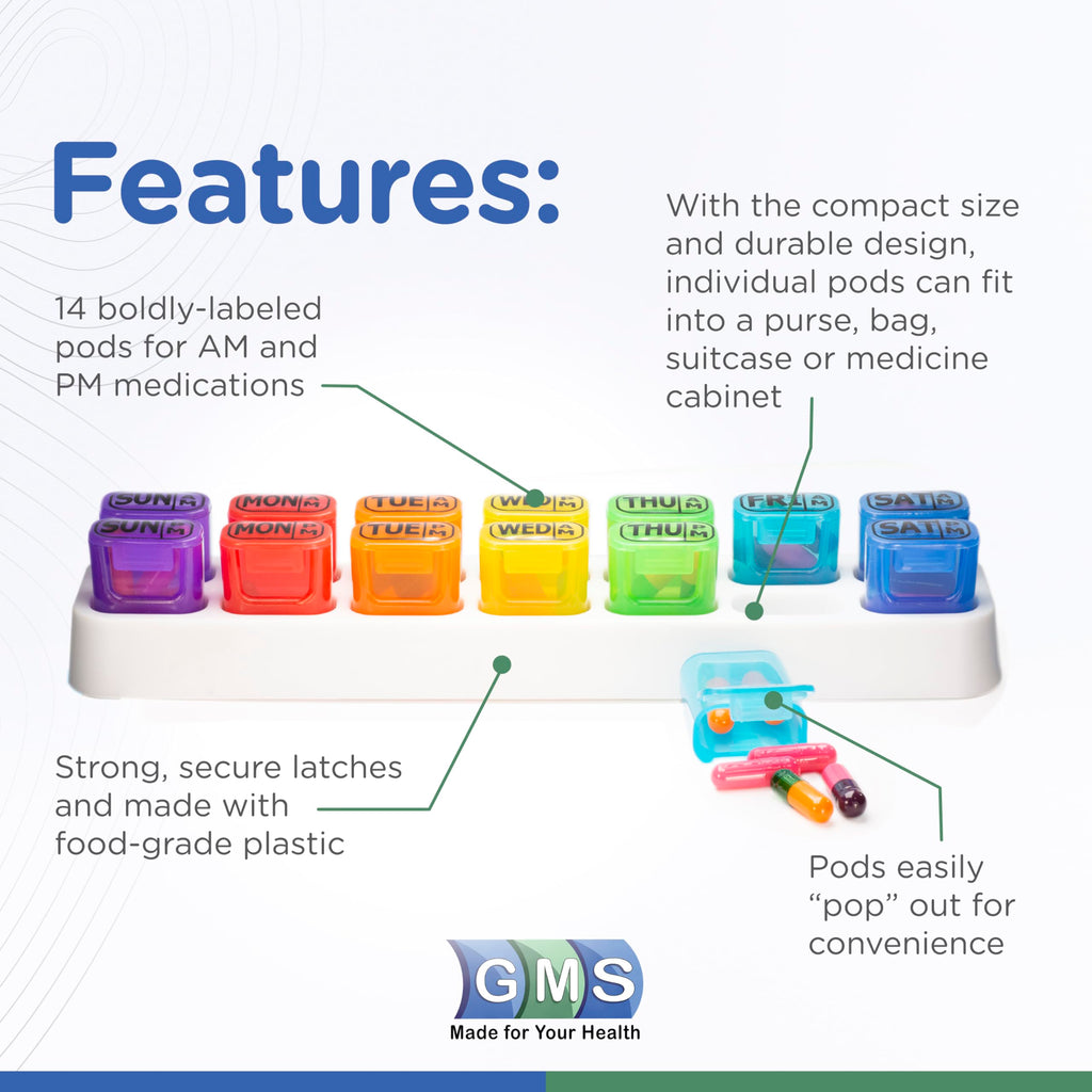 GMS Weekly Pill Organizer - 7 Day AM/PM Pop Out Pill Pods for Supplements, Vitamins & Medications - Ideal for Daily Use & Travel