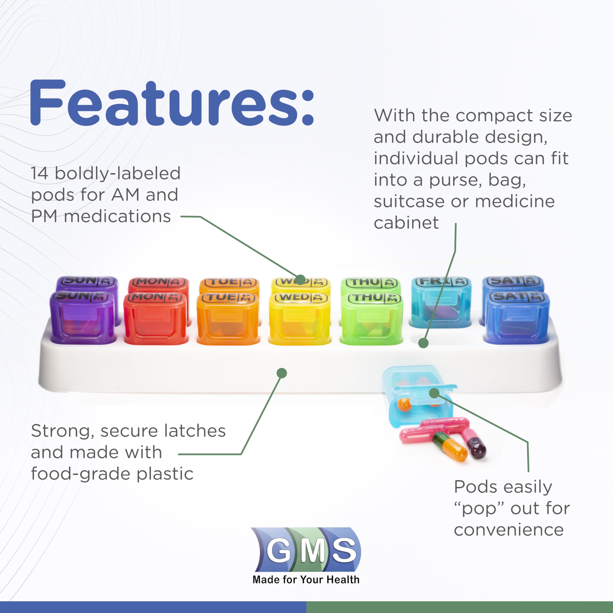 GMS Weekly Pill Organizer - 7 Day AM/PM Pop Out Pill Pods for Supplements, Vitamins & Medications - Ideal for Daily Use & Travel
