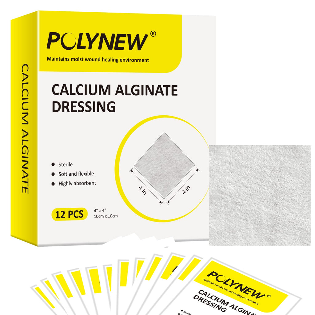 Polynew Calcium Alginate Wound Dressing, 4 x 4-12 Pcs/Box Soft and Highly Absorbent Pads, Home Health Care, Medical Supplies