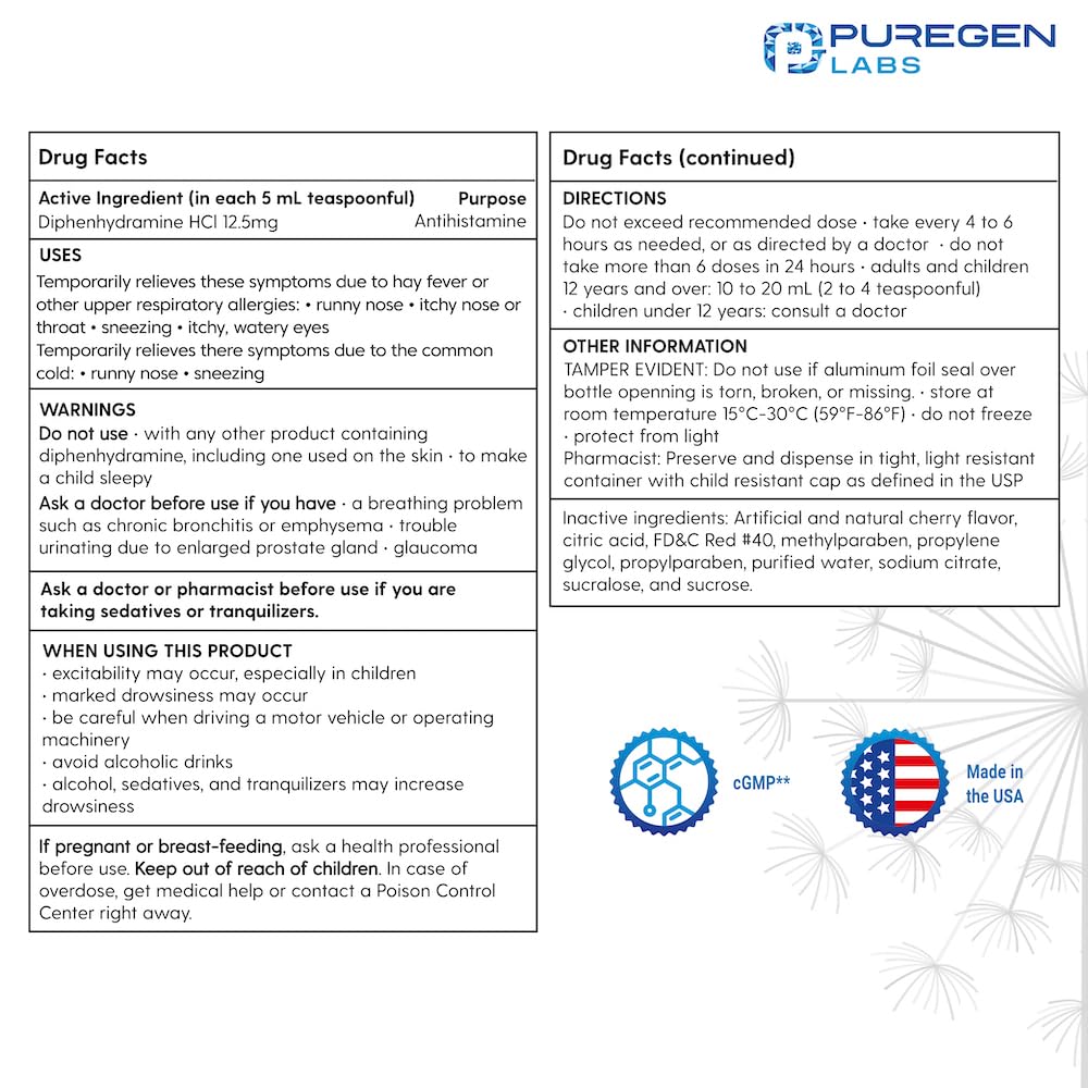 Puregen Labs Allergy Relief Oral Solution, Diphenhydramine HCl 12.5mg/5 mL, Antihistamine, Cherry Flavor, 16 Ounces 2 Pack
