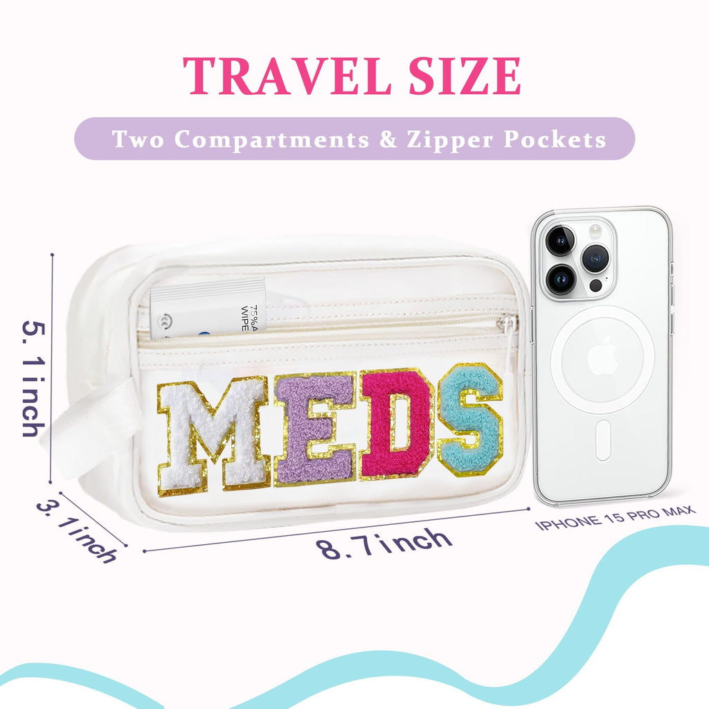 COSHAYSOO Clear MEDS Bag Medicine Zipper Pouch with Preppy Chenille Letter Patch, Small Medication Drug Pills Travel Storage Cas