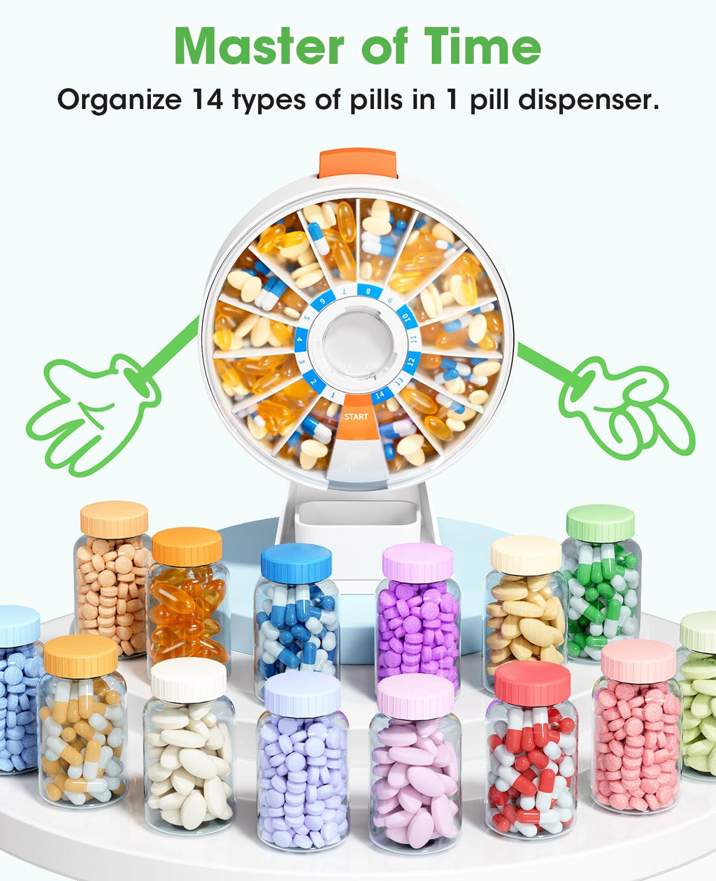 Daviky Pill Dispenser Daily, Large Pill Organizer with Wall-Mounted or Standing Use, 14 Days Pill Box, Push Button Design, Weekl