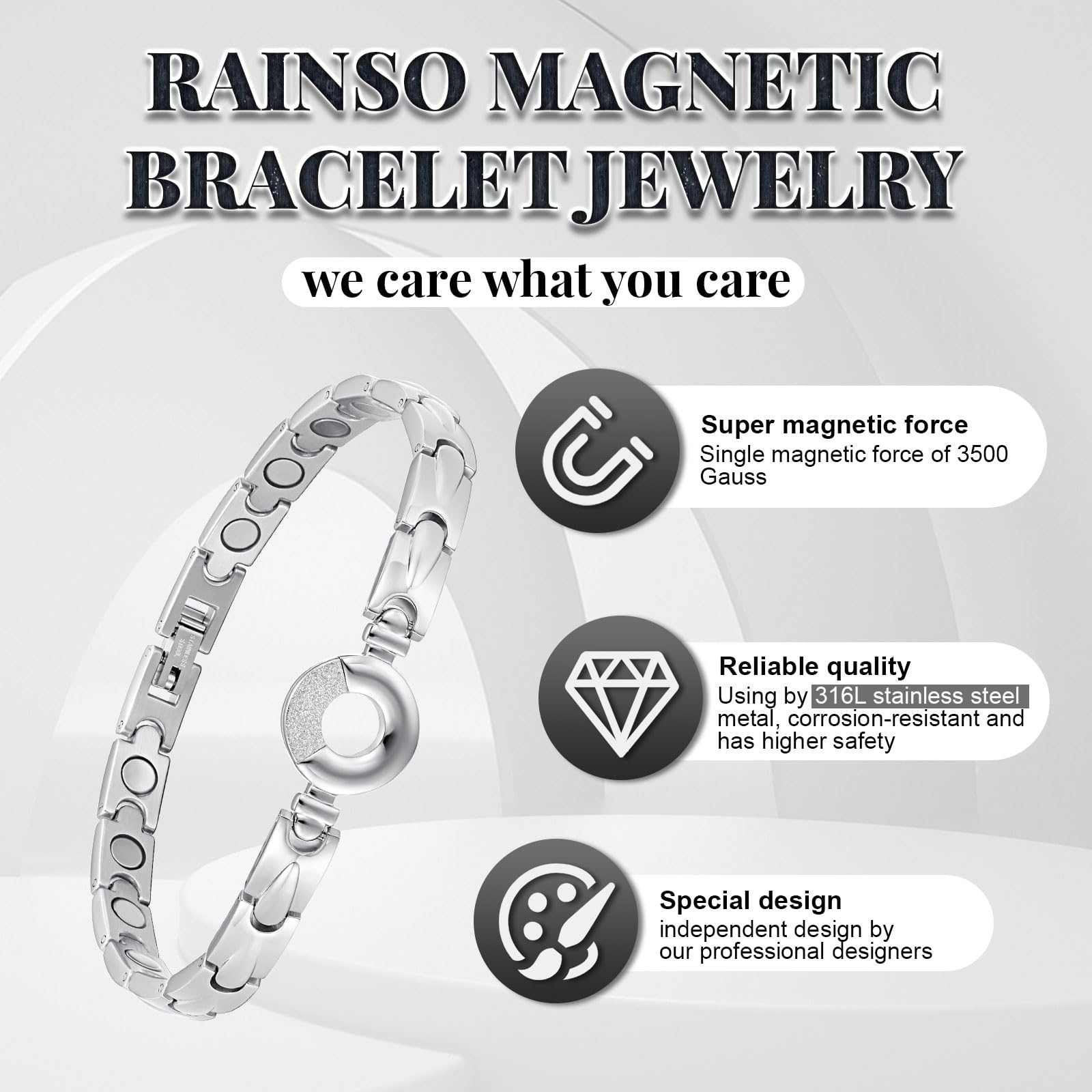 RainSo Womens Elegant Stainless Steel Magnetic Bracelets 3500 Gauss with Gift Box Adjustable