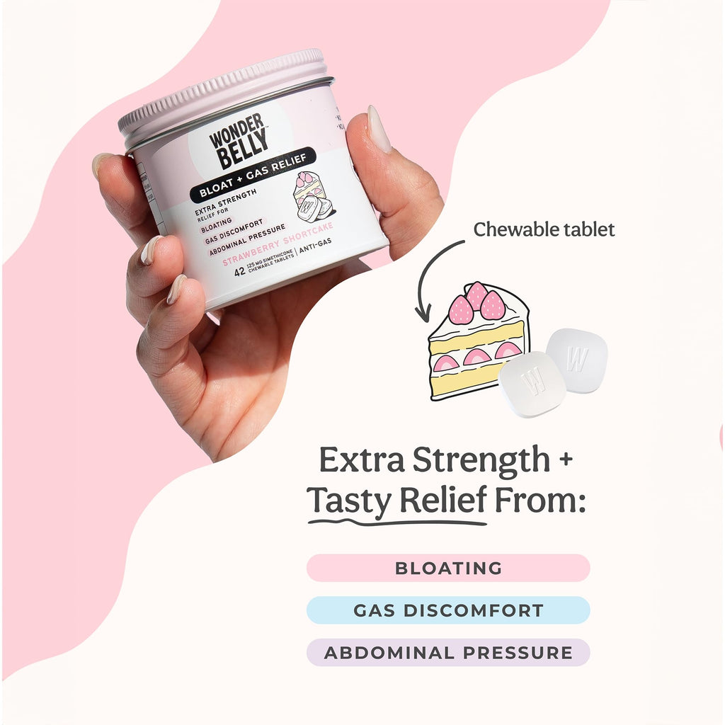 Wonderbelly Bloat + Gas Relief, Extra Strength Chewable Tablets, with 125 mg Simethicone, No Talc or Dye, Strawberry Shortcake,