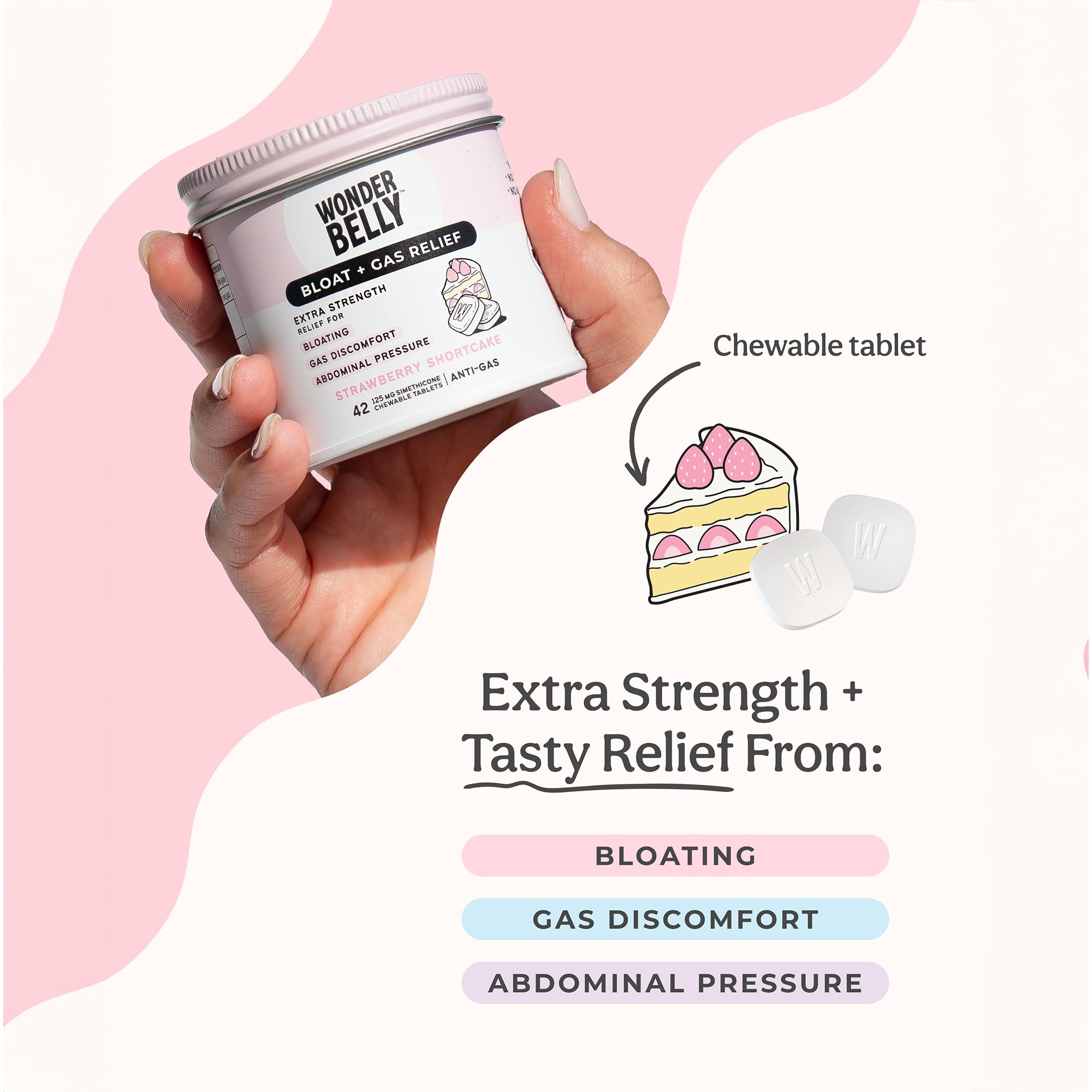 Wonderbelly Bloat + Gas Relief, Extra Strength Chewable Tablets, with 125 mg Simethicone, No Talc or Dye, Strawberry Shortcake,