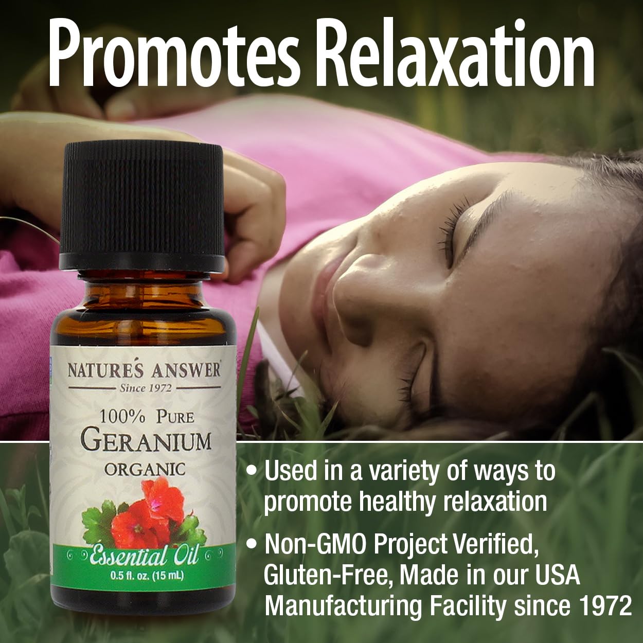 Natures Answer USDA Organic Geranium Essential Oil, 100% Pure | Natural Aromatherapy Oil for Diffuser/Humidifier, Steam Distille