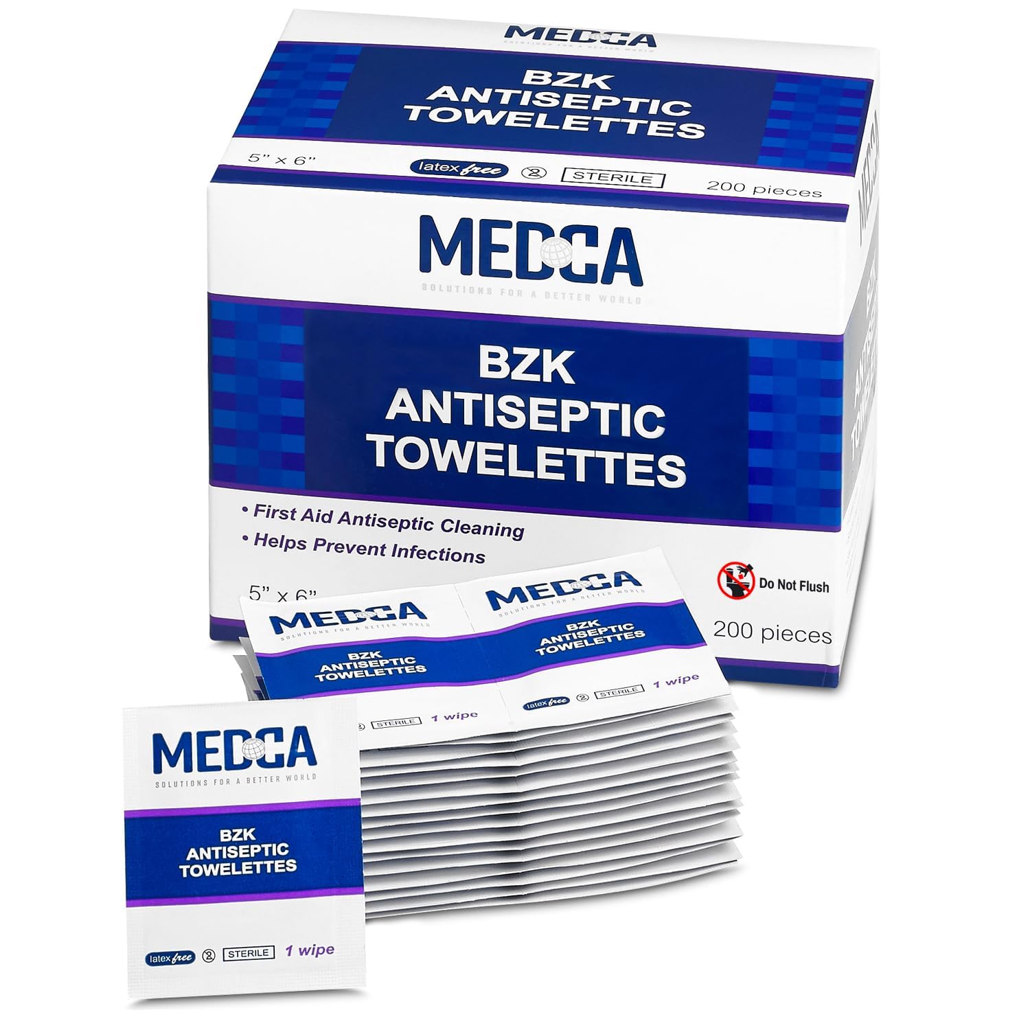 Benzalkonium Chloride Towelletes Hand Wipes - (Pack of 200) Chloride Swabs Individual BZK Single-Use Packets by MEDca 5x6