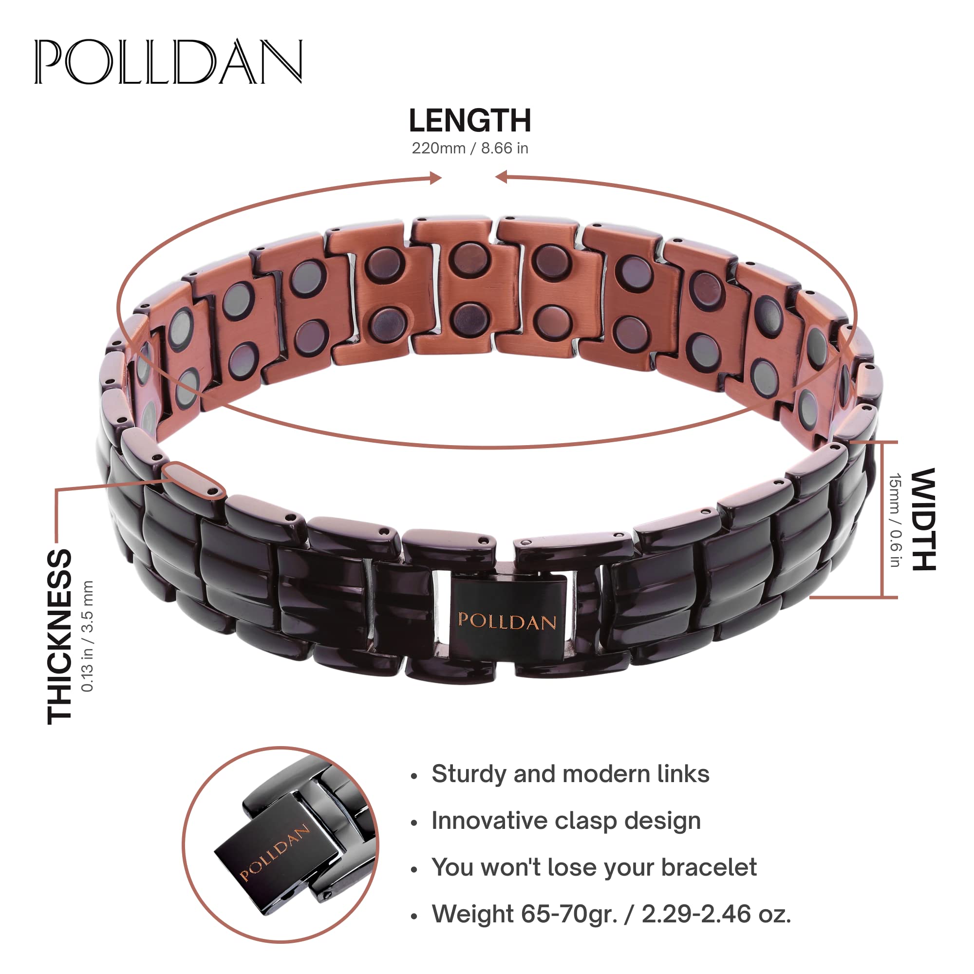 POLLDAN Copper Bracelet 6200 Gauss Power | Mens Bracelet 99.99% Pure Copper | Magnetic Bracelets for Men with Adjustable Fit & S