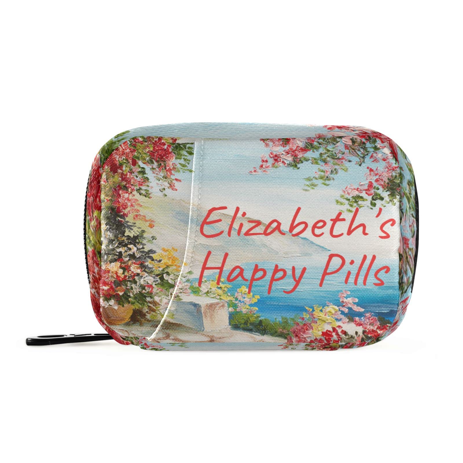 Custom Pill Box 7 Day Pill Case Bag Oil Painting Sea Flowers Personalized Name Travel Pill Organizer Bag with Zipper Portable We