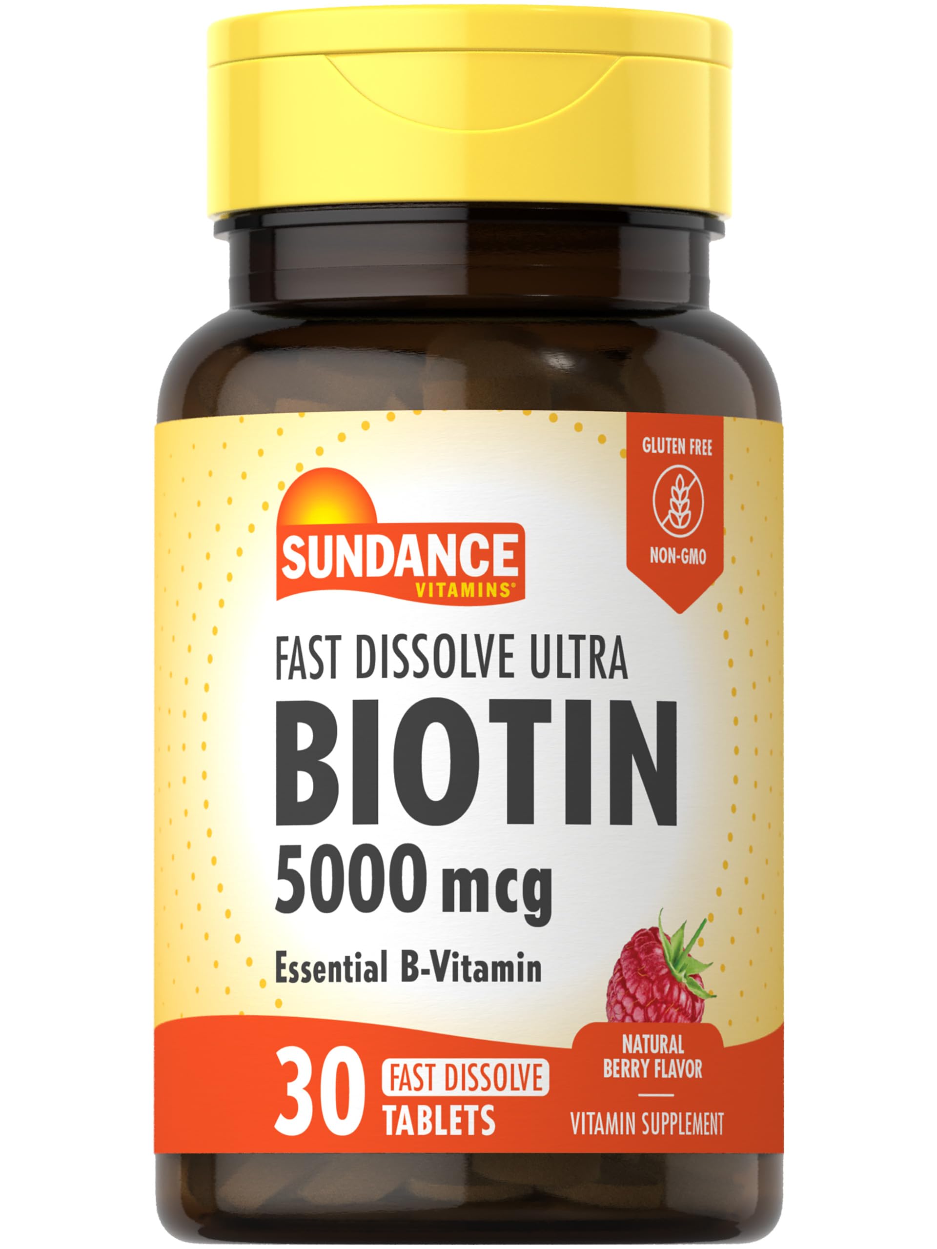 Sundance Fast Dissolve Biotin 5000Mcg | 30 Tablets | Essential B-Vitamin | Natural Berry Flavor | Vegetarian, Non-Gmo, And Glute