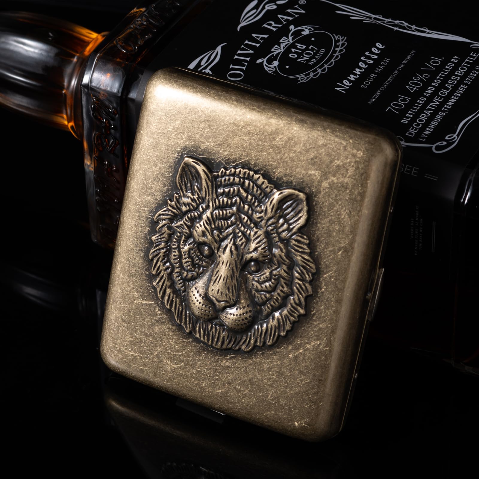Vintage Metal case, Metal Plated Copper,18-20 Capacity, Surface Relief Tiger,Gift Box Packaging(Bronze, 85mm King Size)
