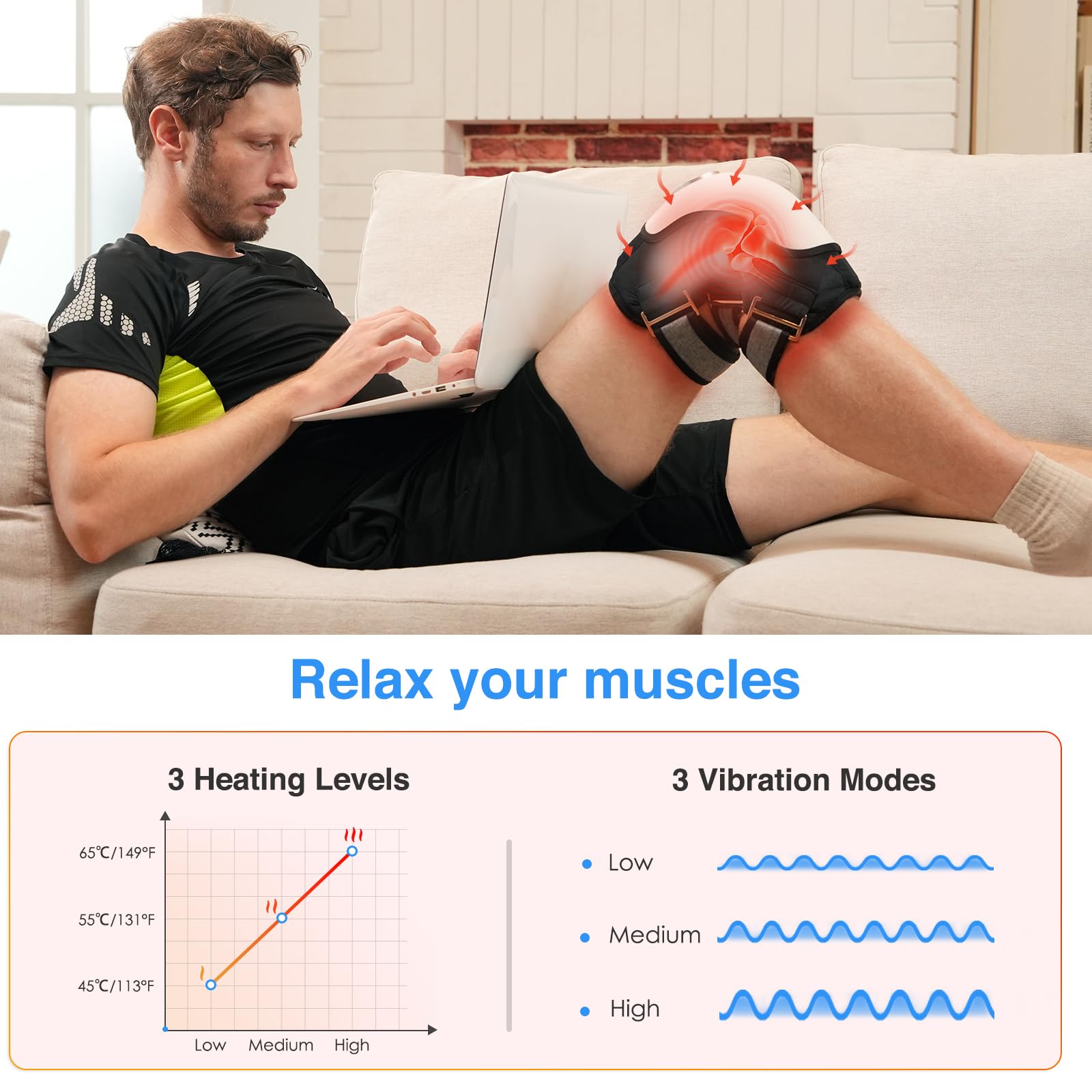 Electric Knee Massager for Relaxation, Heating Pad with 3 Vibration Modes, Heated Knee Brace Wrap, 5000mAh High-capacity Battery