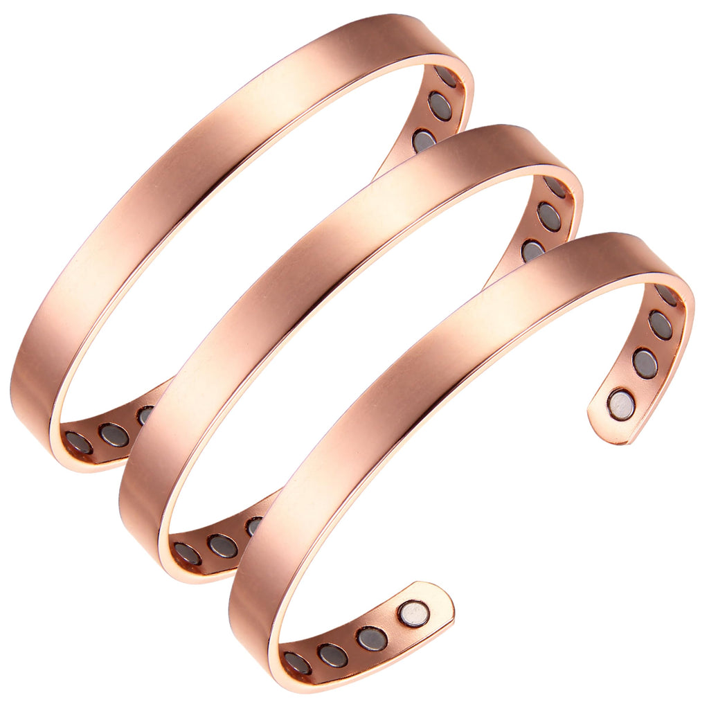 Earth Therapy - The Original 100% Pure Copper Minimalist Shiny Bracelet with Ultra Strength Magnets - 3 Cuff Value Set - Unisex 