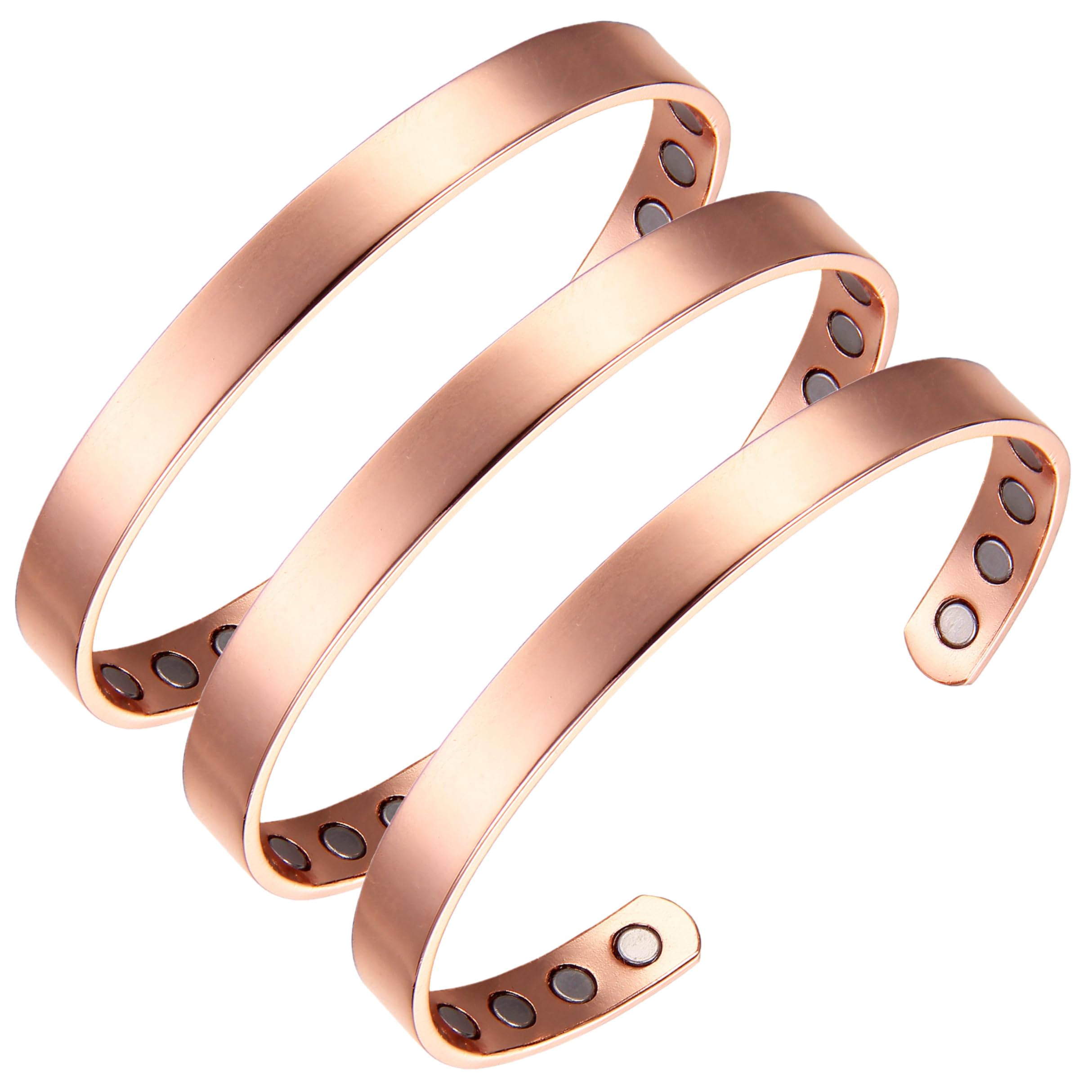 Earth Therapy - The Original 100% Pure Copper Minimalist Shiny Bracelet with Ultra Strength Magnets - 3 Cuff Value Set - Unisex 