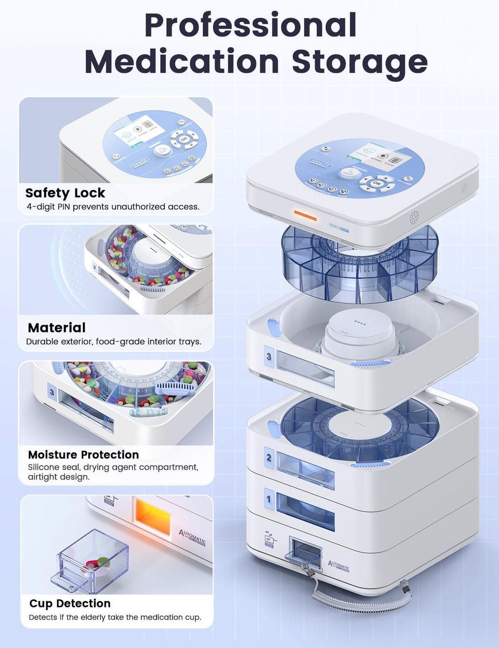 28-Day(1X) Automatic Pill Dispenser (Expandable Tray) - App & On-Device Setup by Family, LCD Display, Digital Lock, Sound & Ligh
