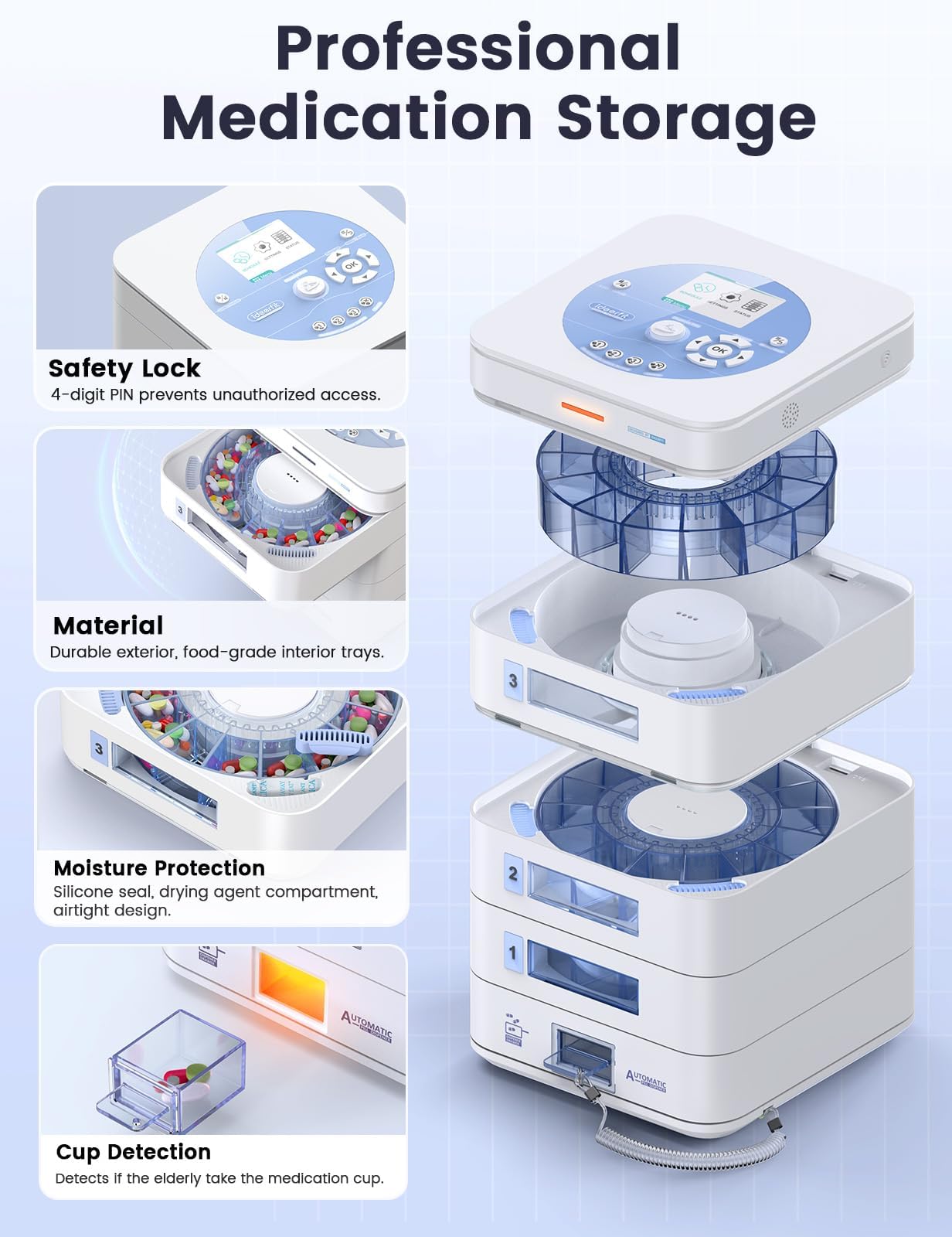 28-Day(1X) Automatic Pill Dispenser (Expandable Tray) - App & On-Device Setup by Family, LCD Display, Digital Lock, Sound & Ligh
