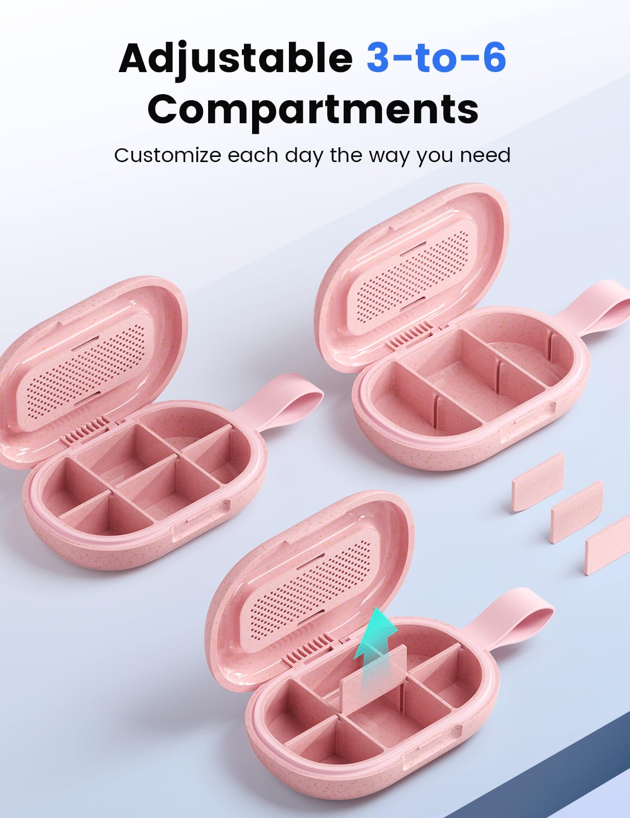 Ideerfit Travel Pill Organizer, Adjustable 3-6 Compartments Portable Pill Box, Small Pill Case Daily Medicine Container Moisture