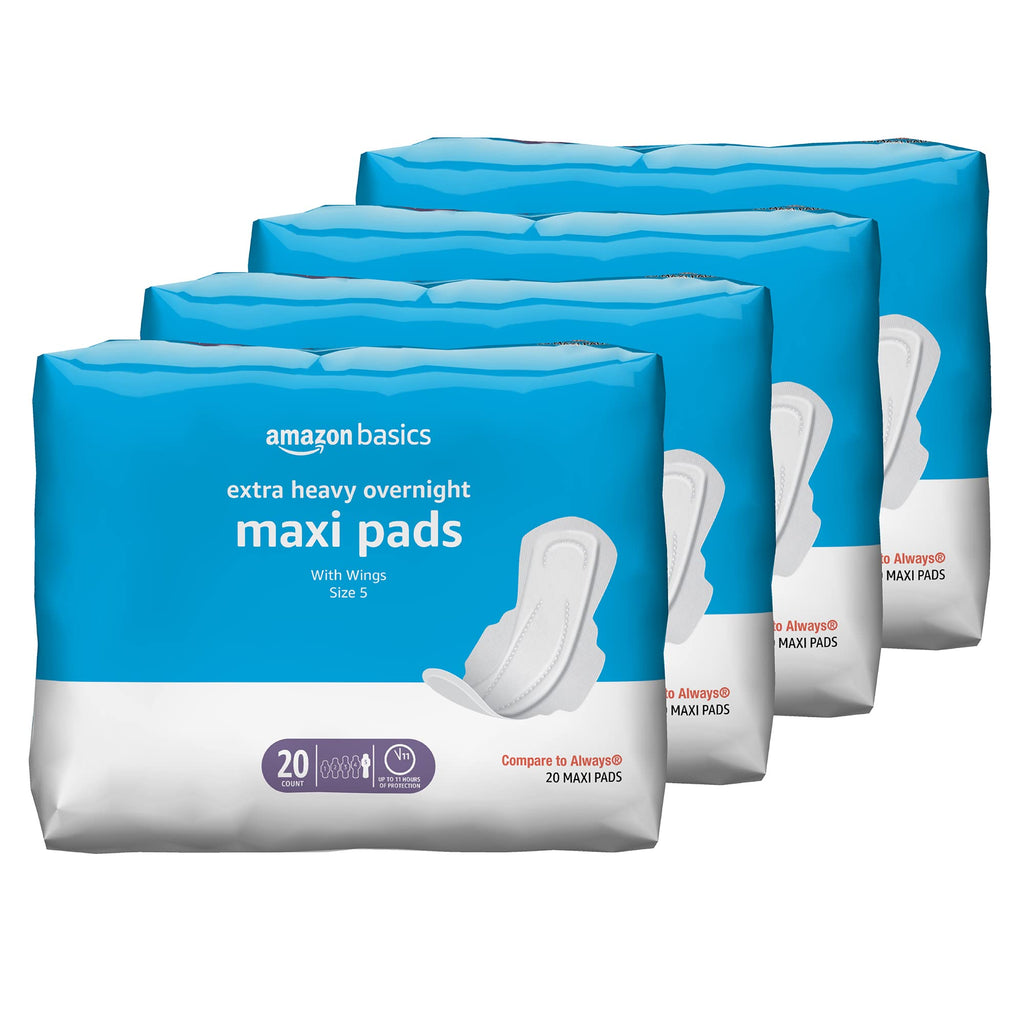Amazon Basics Thick Maxi Pads with Flexi-Wings for Periods, Extra Heavy Overnight Absorbency, Unscented, Size 5, 80 Count (4 Pac