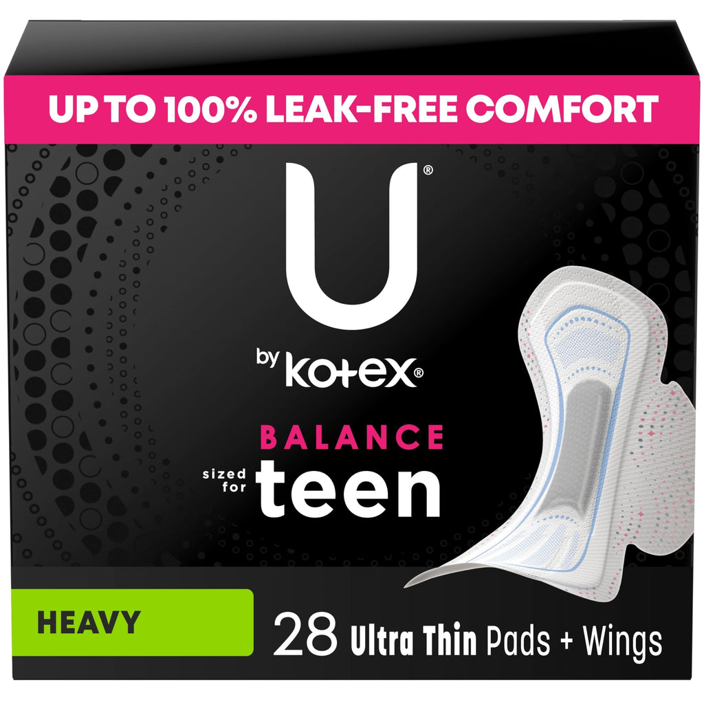 U by Kotex Balance Sized for Teens Ultra Thin Pads with Wings, Heavy Absorbency, 28 Count (Packaging May Vary)