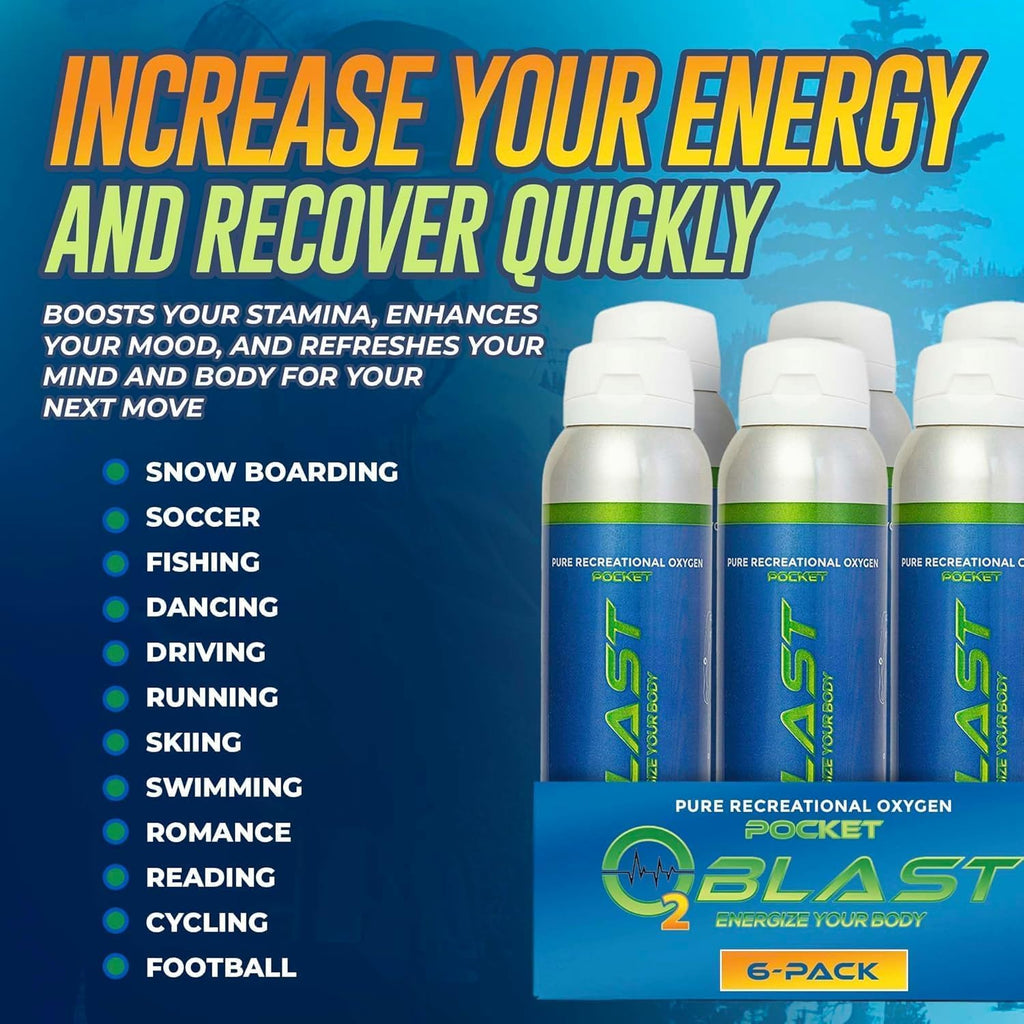 O2 Blast - Pure Oxygen Supplement, Quick Recovery for Exercise and Focus, Sanitary flip top Cap (4 Liter Oxygen Canisters - 6 Pa