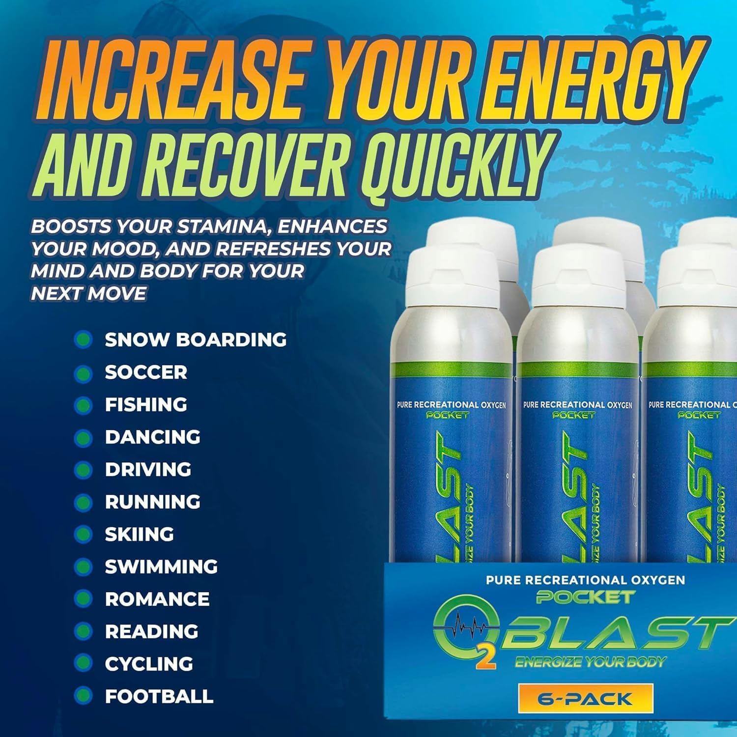O2 Blast - Pure Oxygen Supplement, Quick Recovery for Exercise and Focus, Sanitary flip top Cap (4 Liter Oxygen Canisters - 6 Pa